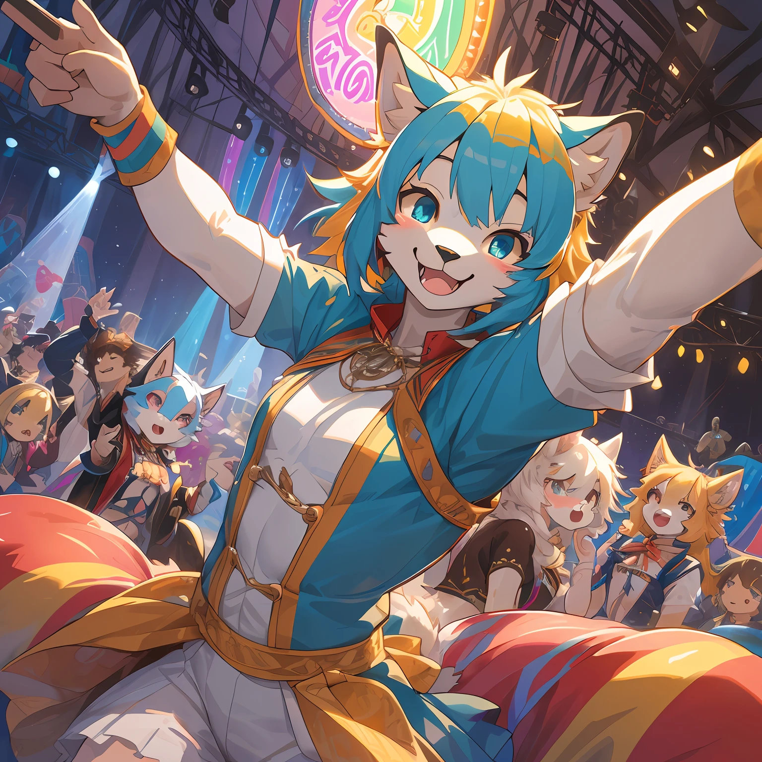 top quality, best quality, High-quality illustrations, masterpiece, super high resolution, detailed background, detailed background, circus, colorful light, Acrobat, stage, group shot:0.1, 6+boys, 6+girls, Happy, joyful, absurdres(highly detailed beautiful face and eyes)perfect anatomy(kemono, furry anthro)selfie:0.1,