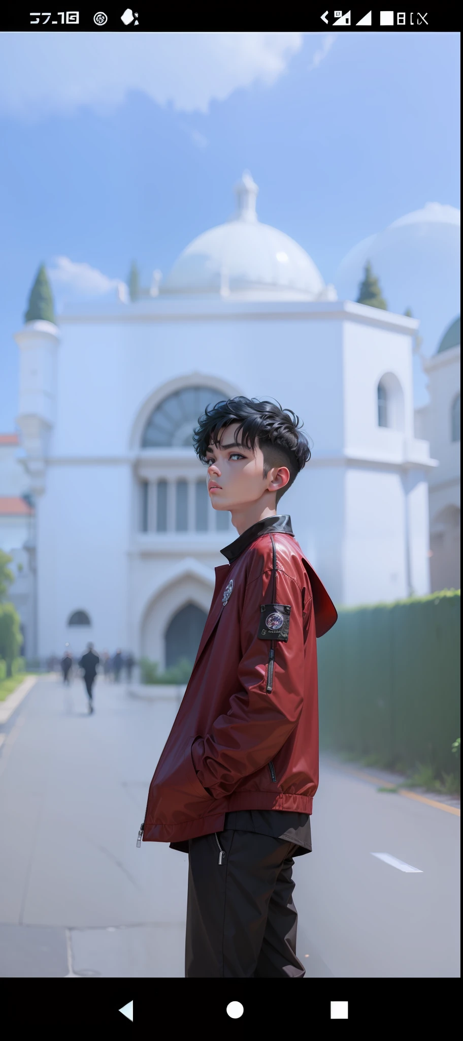 masterpiece, best quality, high resolution, fine detail, amazing and beautiful detail, different_images, 1 boy, scarlet fabric jacket, from below, black hair, black eyes, outer space, dome, black pants, dark green shirt, green shirt old