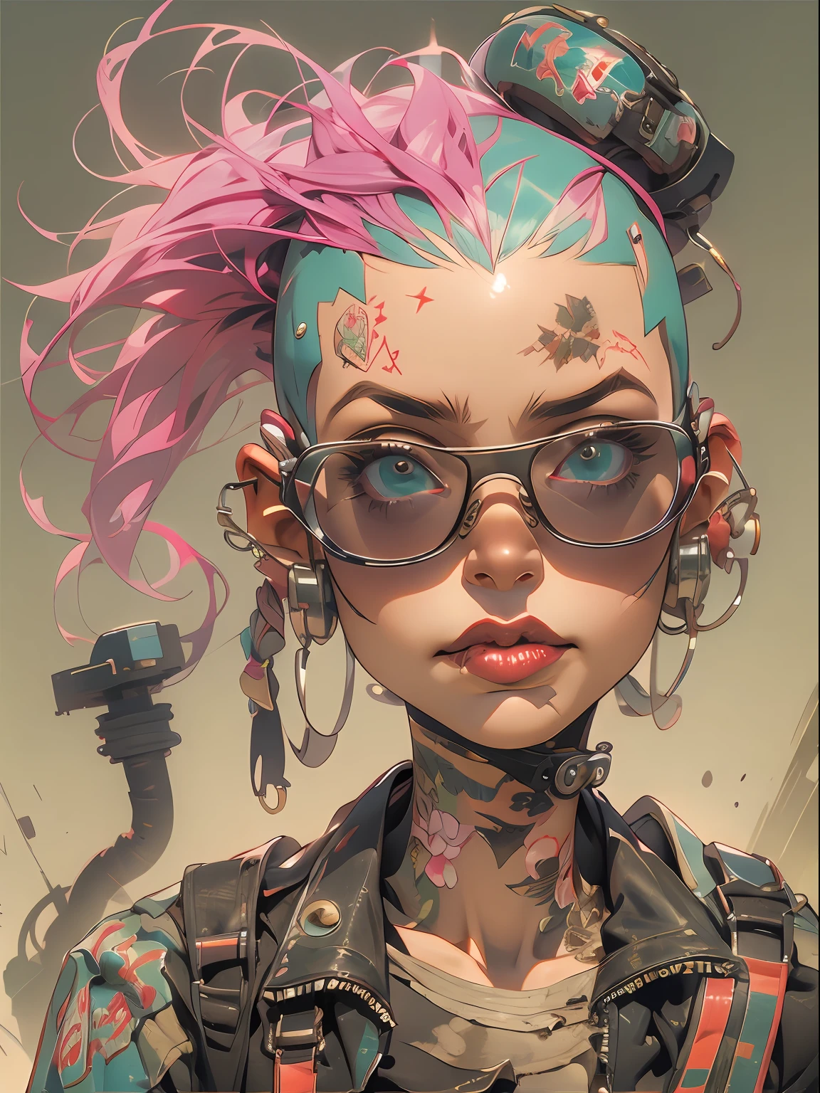 REX, REX, ((( corpo inteiro ))), glasses on the rest, master part, best quality, super detalhe, 8k, mulher linda, Tank Girl com cara de maluca, sorriso malicioso , roupa techno, (((corpo inteiro))), cabelo moicano colorido, garota punk, post-apocalyptic world, (( menina do tanque )), Nijistyle, roupas rasgadas e sujas, moicano curto, sides of shaved head, rosto limpo, corpo inteiro, Peito Inferior