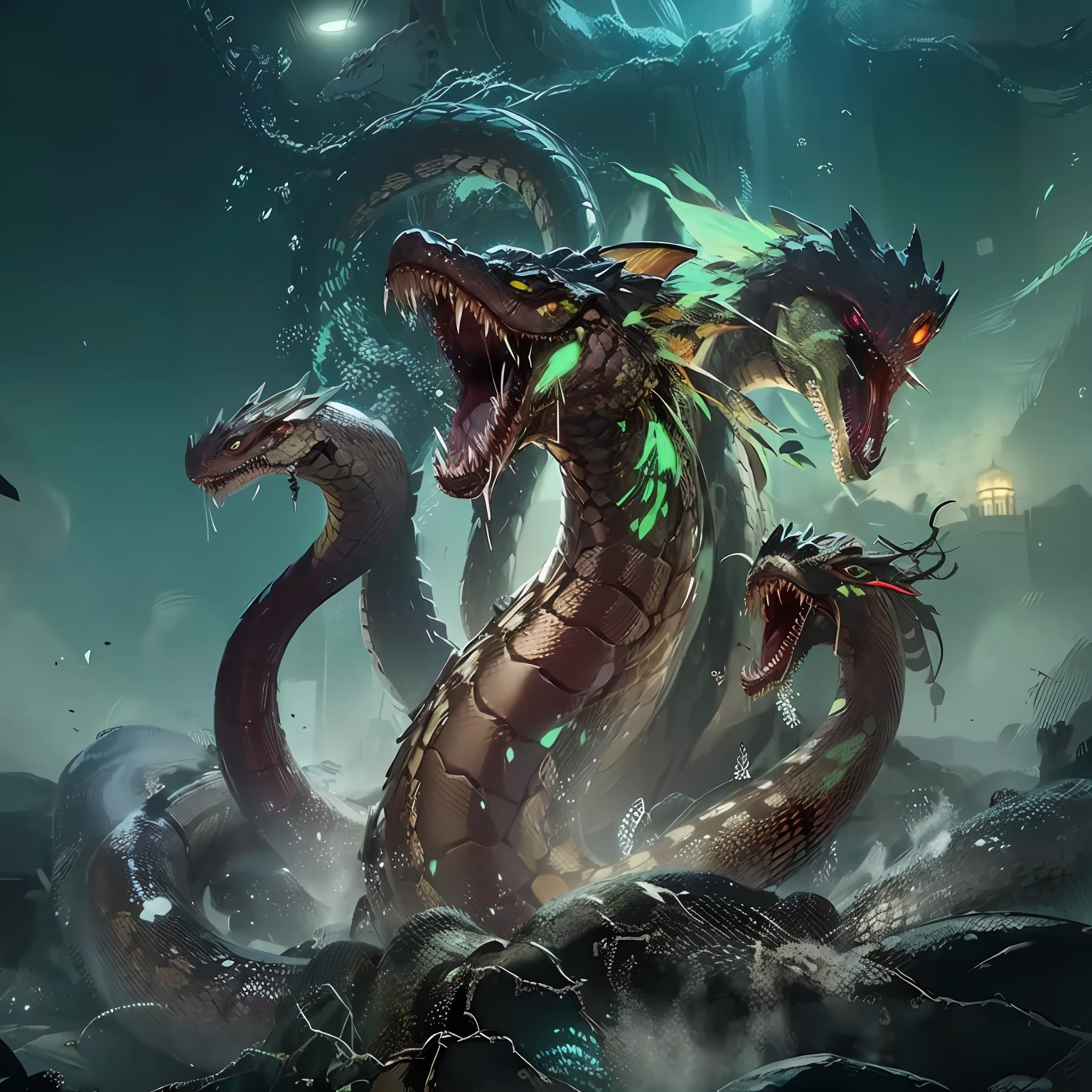 Soyanagi,Hydra,(((9 snake heads))),,(((Giant snake with 9 heads))),Lizard body,Scales all over the body,Open your mouth,best qualityer,tmasterpiece,超高分辨率,finely detailled,Complicated details,8K分辨率,8KUCG wallpaper,hdr,Cinematic lighting effects,lightand shade contrast,Ray traching、NVIDIA RTX