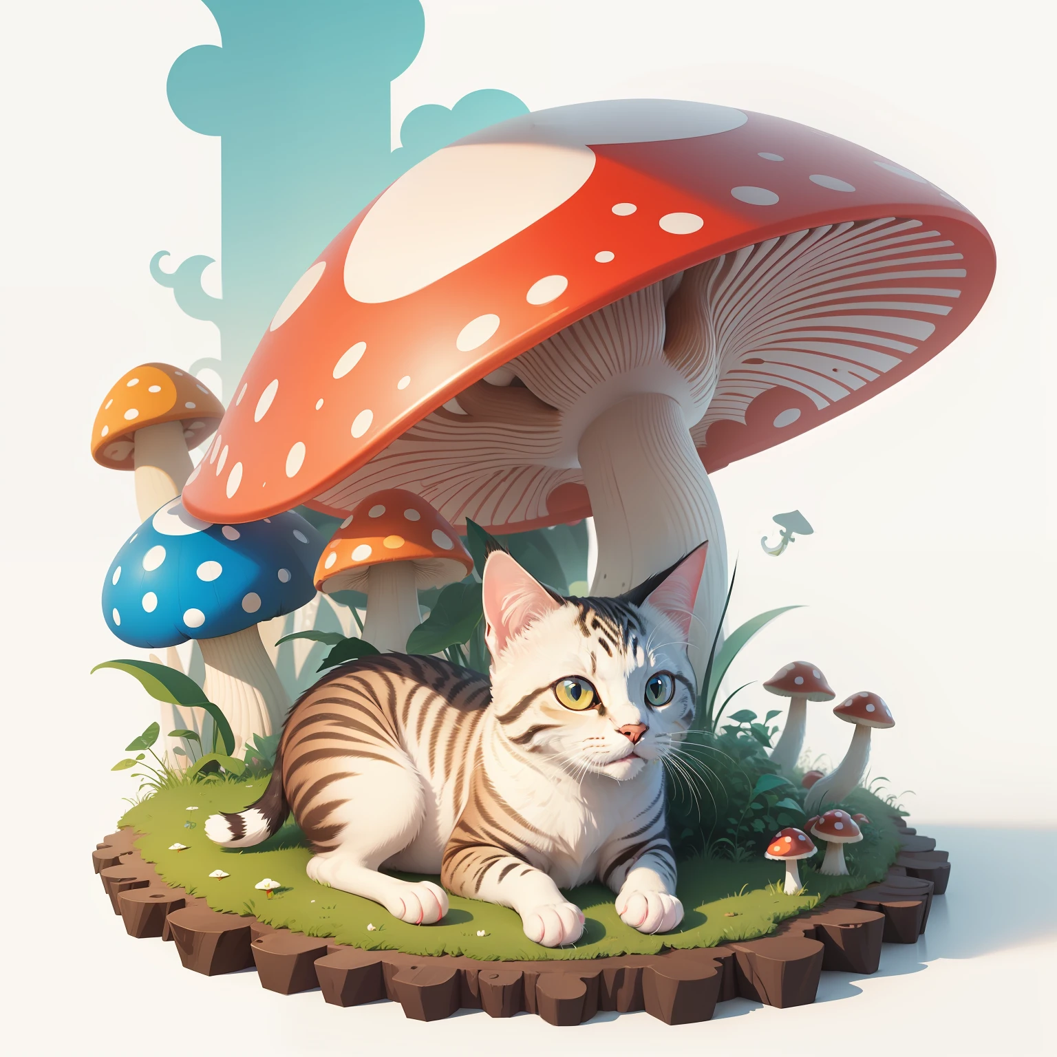 vector art,cat,mushroom,colorful,white background,clean detail,hyperrealistic,8k