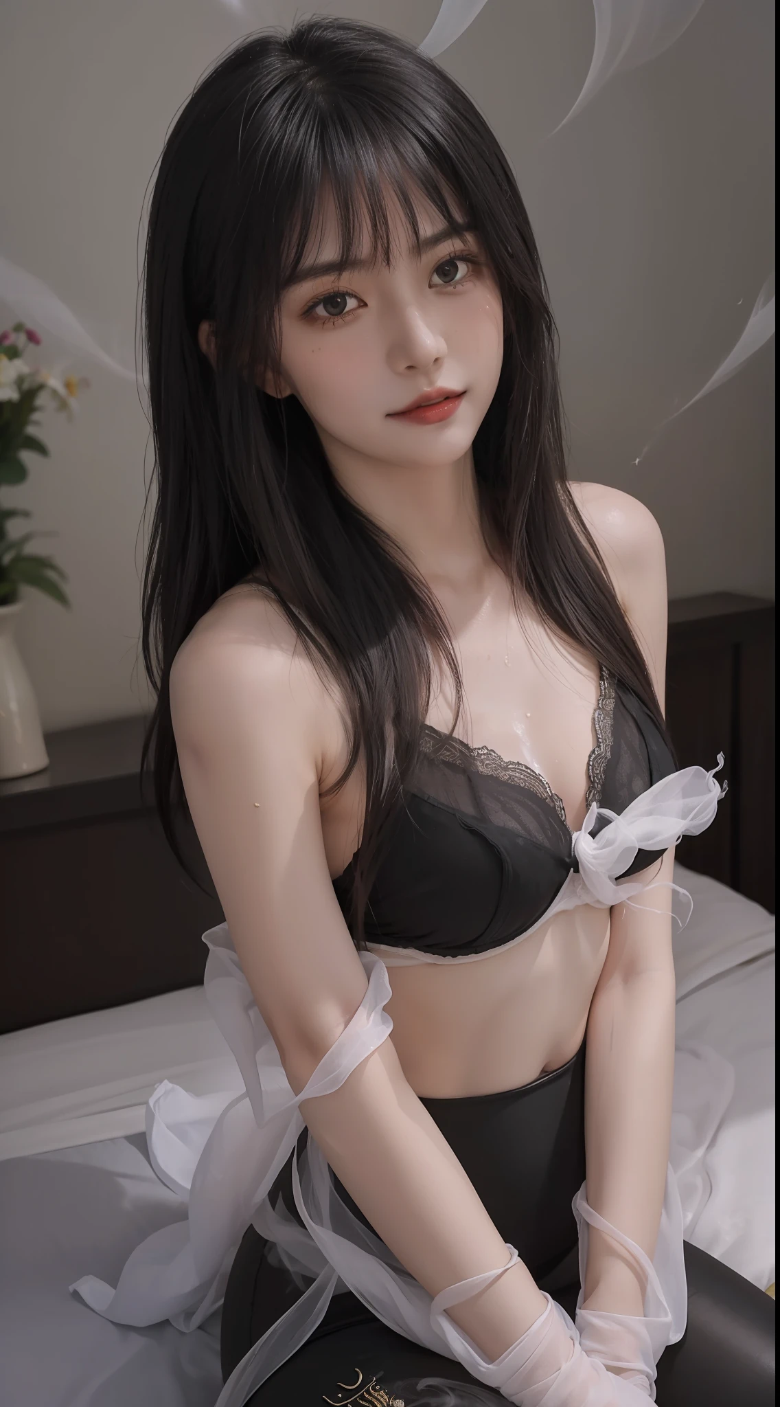 Zhong Fenghua, (full bodyesbian:1.2), flower field, blossom flower, (Black smoke:1.8), (realisticlying:1.5), datura, entangled, offcial art, Unified 8K, ultra - detailed, Beautiful and beautiful, (Dynamic Angle:1.4), (Realistic:1.5), (Real human photos:1.5), (Liuhai hairstyle:1.5), (Shoulders exposed:1.2), Glowing skin, (Floating colorful flashes:1.2), The most beautiful classical form, (ellegance:1.2), Fauvistdesign, vivd colour, Romanticism Depth of Field, (sweeping bangs:1.3), (:1.3), Smiling, (Sex bra, Sexy leggings:1.2), (Masterpiece:1.5), (Best quality:1.4), (Super high resolution:1.2), (Photorealistic:1.4), 8K resolution, absurderes, Ultra detailed, (20yr old), Sharp focus, Cinematic lighting, Detailed beautiful face, (ulzang-6500-v1.1), Petite figure, Detailed skin texture, Pale skin, (Bigboobs:1.3), (skinny and fit body:1.3), thigh gap, Detailed brown hair, sweltering, (Long hair:1.2), realistic glittering skin, (Carmelto:1.3), (full of sweat:1.45), Slim waist, Seductive smile, (a detailed full-body RAW photo of a girl:1.2),