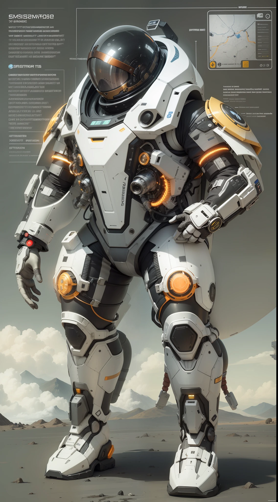 super technological suit designed for Saturn : es una armadura resistente con materiales avanzados para soportar bajas temperaturas y altas presiones. Cuenta con escudos protectores contra tormentas y vientos, thrusters to move in the dense atmosphere, and a sophisticated life support system with oxygen supply and temperature regulation. It also includes an efficient energy source, Communication technology and specialized sensors for scientific research.'