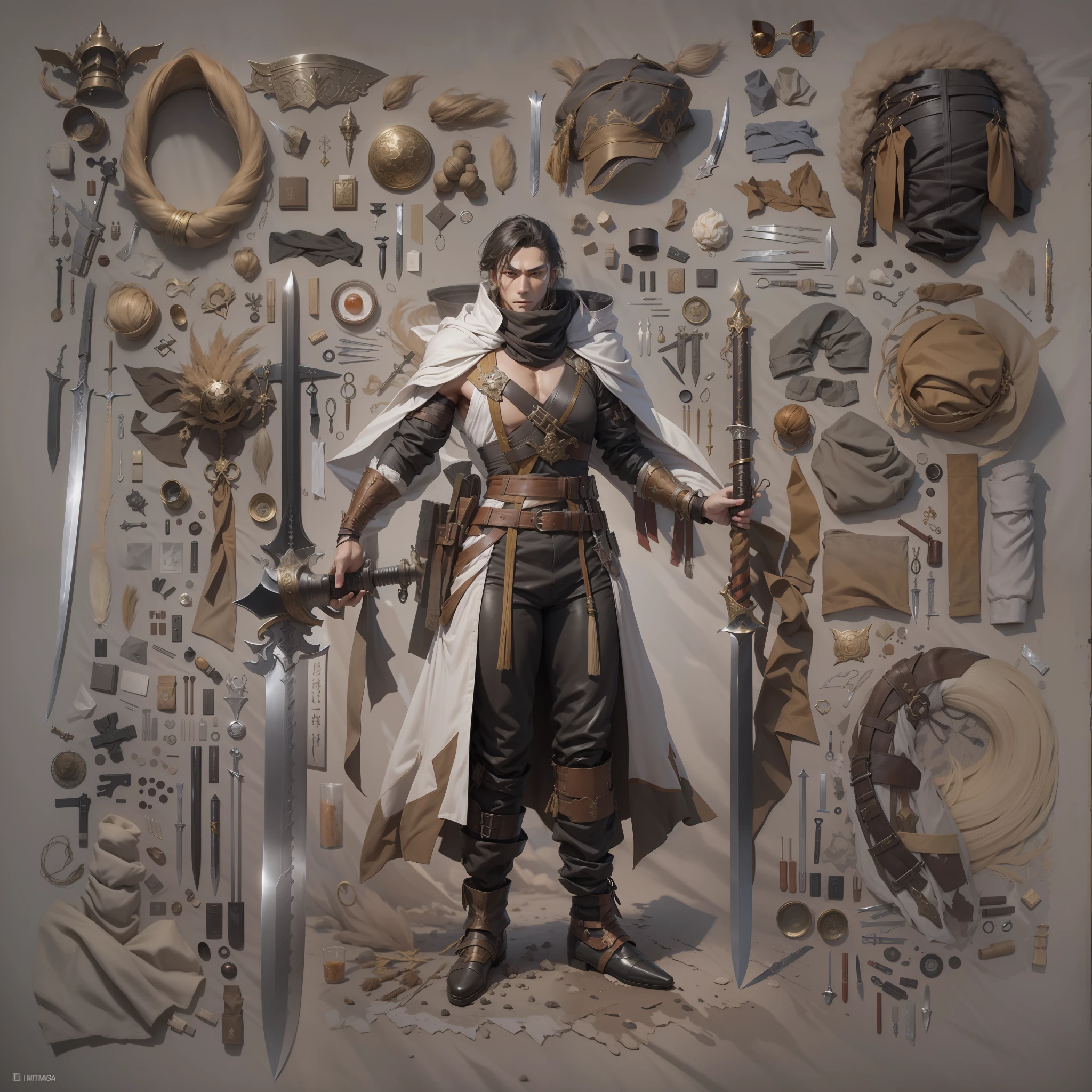 3 d model,Caramel macchiato, arma, The sword, halter, holdingweapon, 32K, Linen cloak, Top quality, Masterpiece:Faust,,1boys, long whitr hair, clouds, On your stomach, (tmasterpiece,k hd,hyper HD,16k),clutching a sword, buliding, Reflectors, bloods, Eastern Asia, Weapon focus, Skysky, brunette color hair, knifes, trouser, firey, banya, The clothes ar, bandagens, sword sheath, Masks, 独奏
