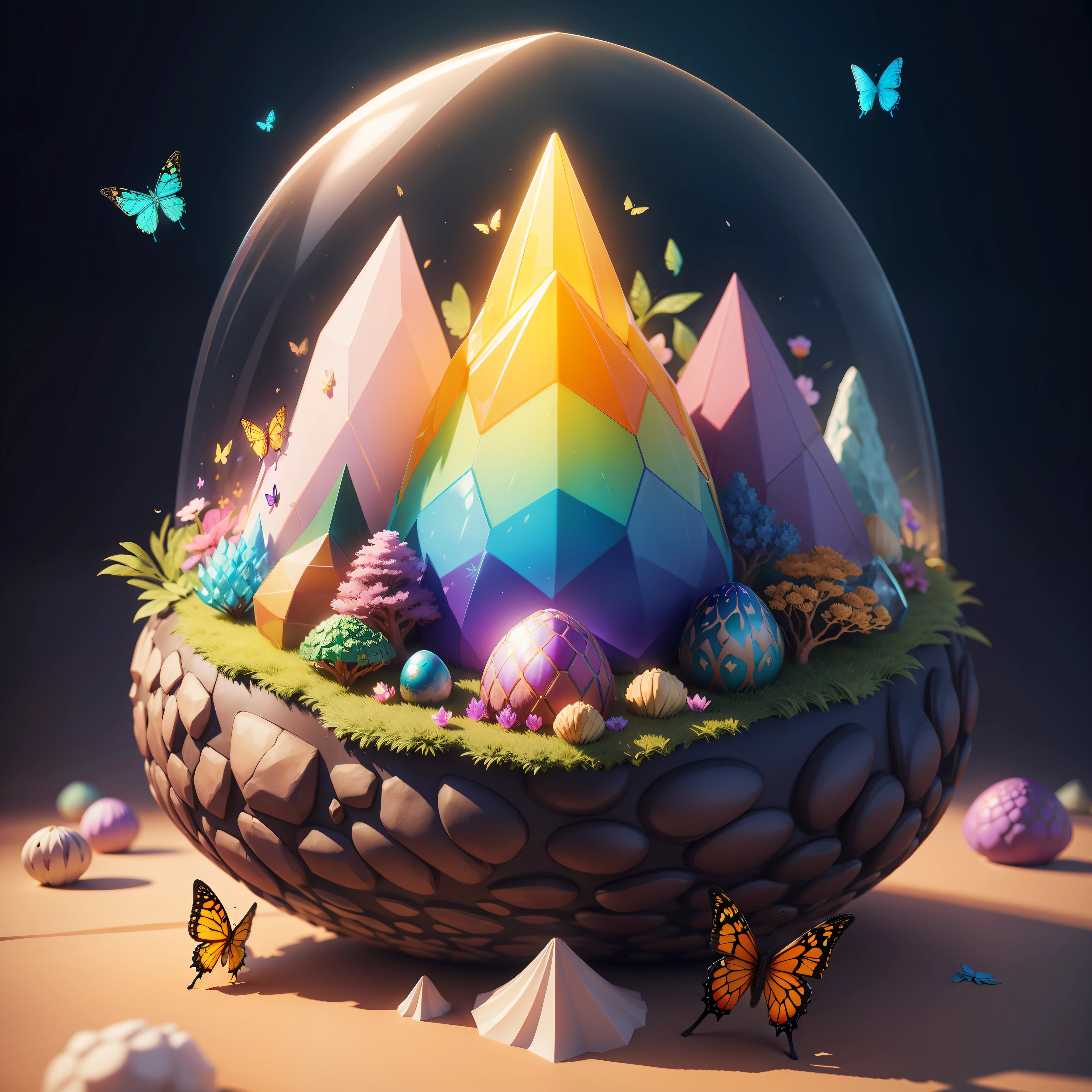 fantasy, 3D, anthill made of colorful dragonegg shell, a colorful crystal dragon on top surrounded with erflies and flowers