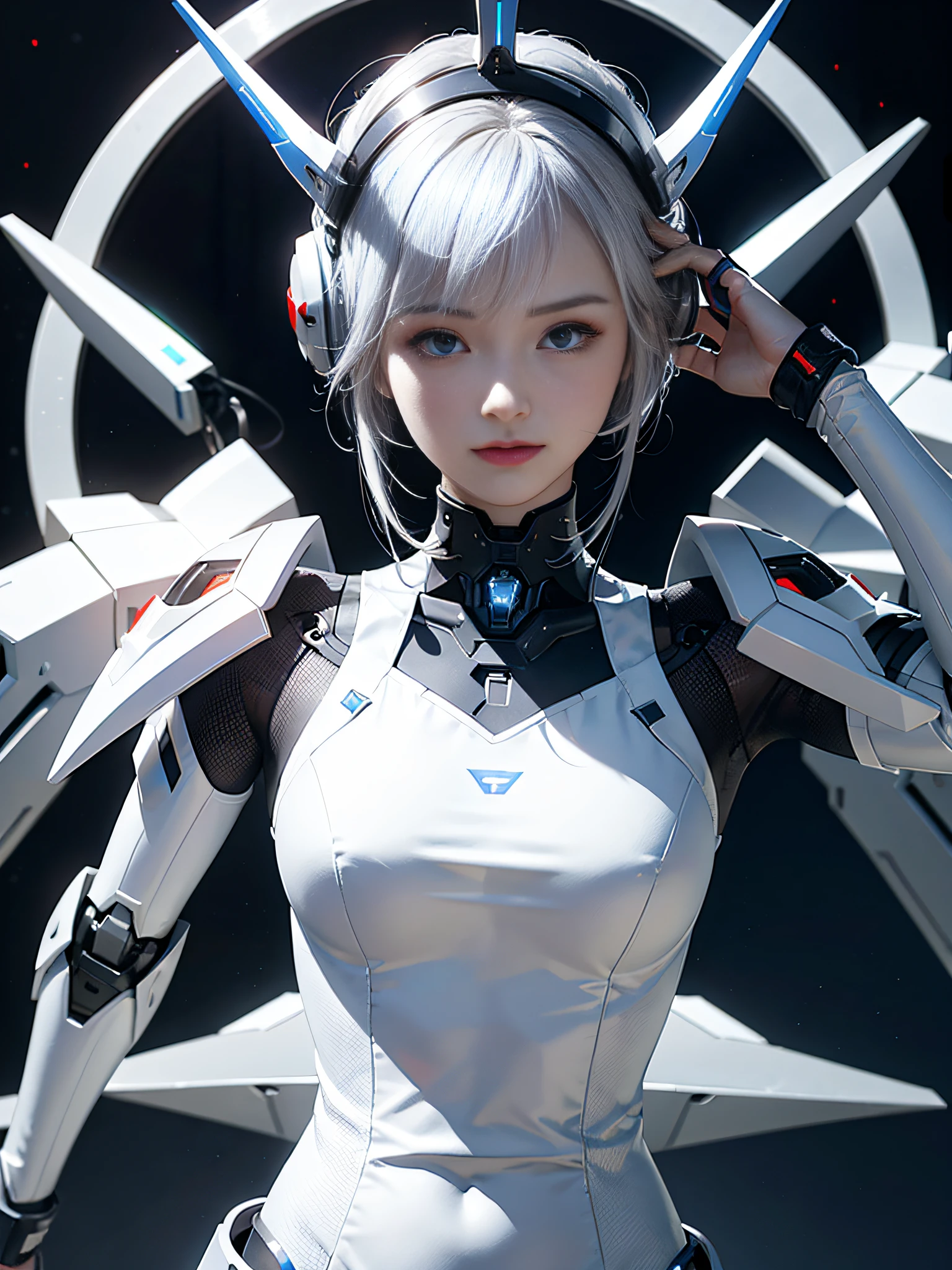 A silver-white mech that emits red and blue light、Robotic arm、Mechanical helmets、A girl with a delicate face，Best picture quality，The facial features are delicate and clear。