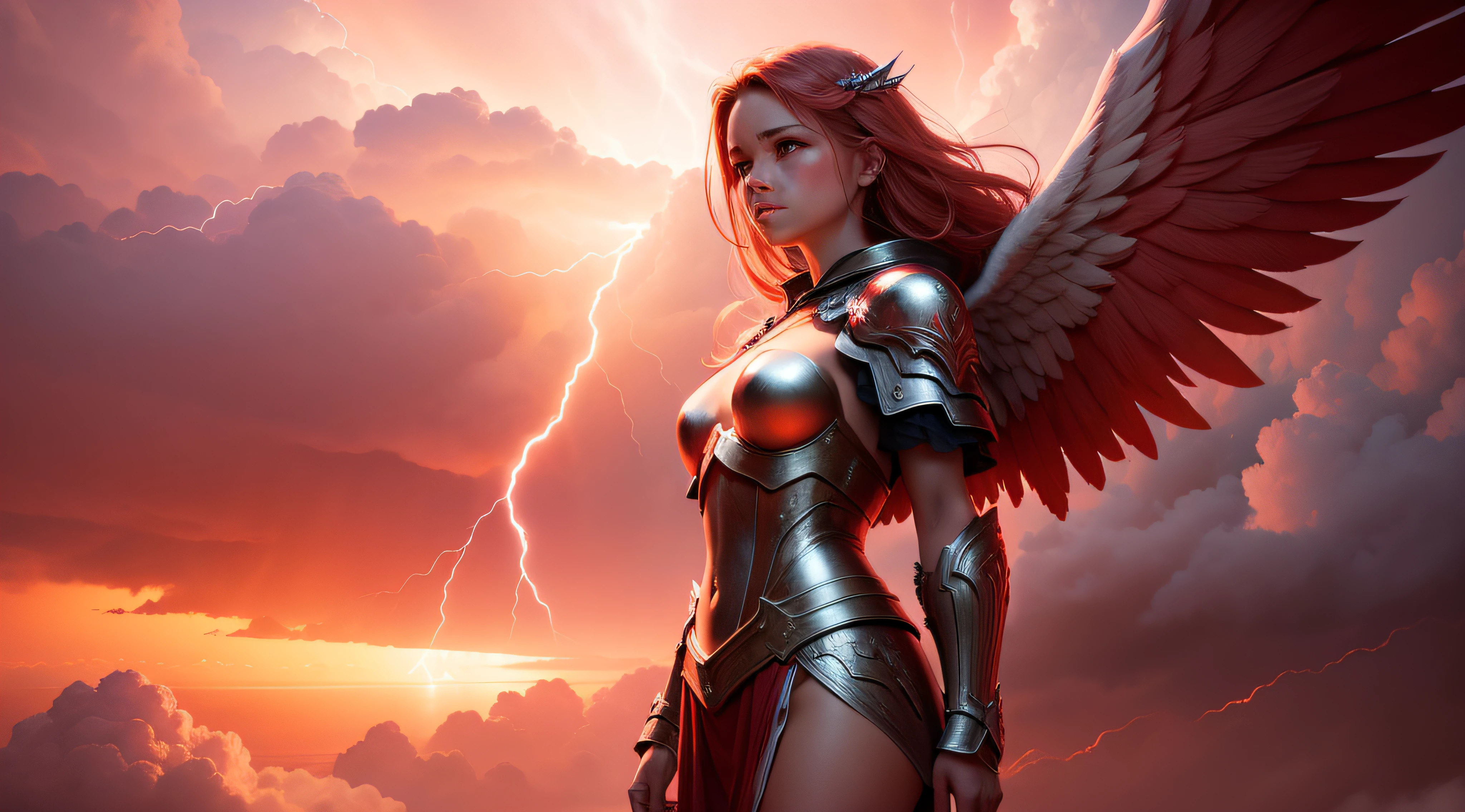Angel in heavenly clothing in a red sky with thunder and lightning, front view closed, 8k realistic, cinematic