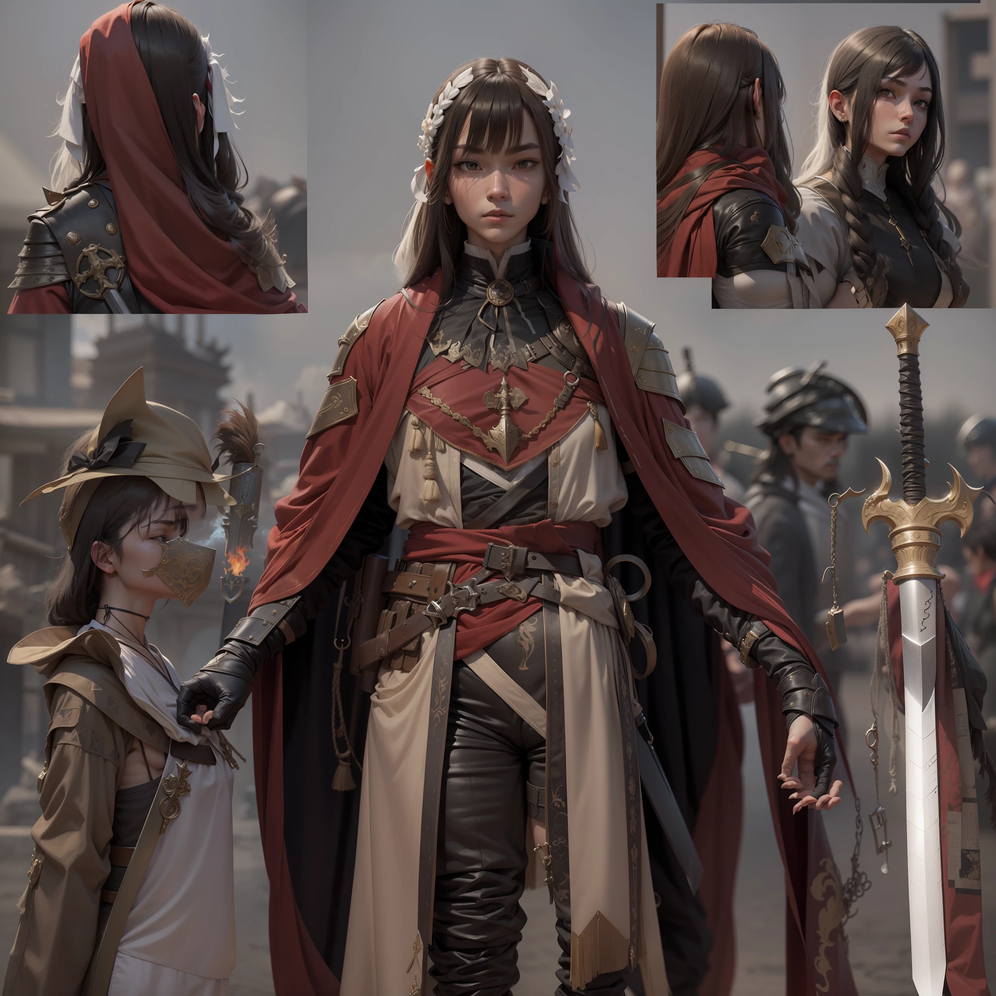 3 d model,Caramel macchiato, arma, The sword, halter, holdingweapon, 32K, Linen cloak, Top quality, Masterpiece:Faust,,1boys, long whitr hair, clouds, On your stomach, (tmasterpiece,k hd,hyper HD,16k),clutching a sword, buliding, Reflectors, bloods, Eastern Asia, Weapon focus, Skysky, brunette color hair, knifes, trouser, firey, banya, The clothes ar, bandagens, sword sheath, Masks, 独奏