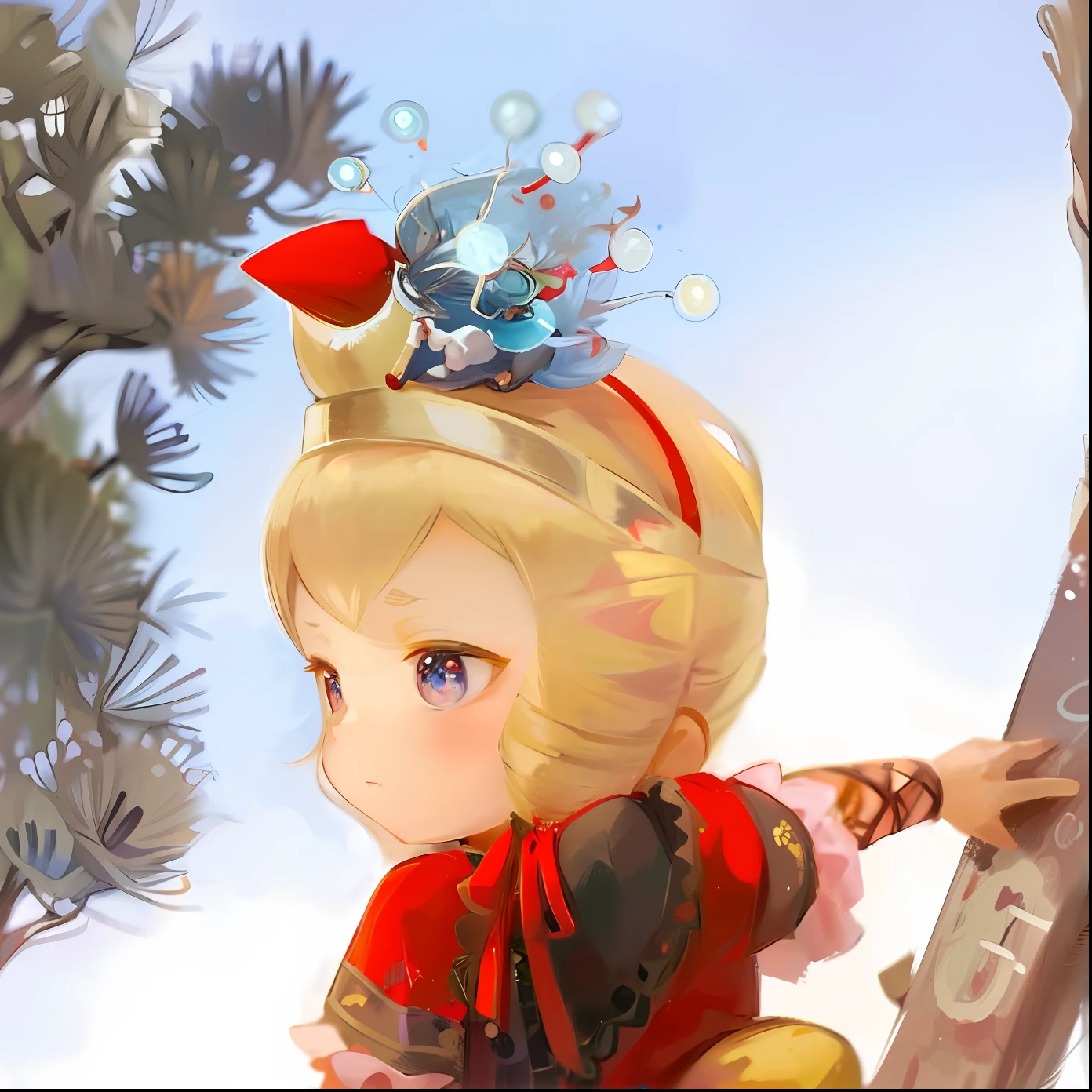 There is a painting，The painting is of a little girl wearing a crown, lalafell, Guviz-style artwork, Guviz, character art of maple story, son goku, portrait of magical blond prince, guweiz masterpiece, the squirrel king, lovely digital painting, amano yoshitaka