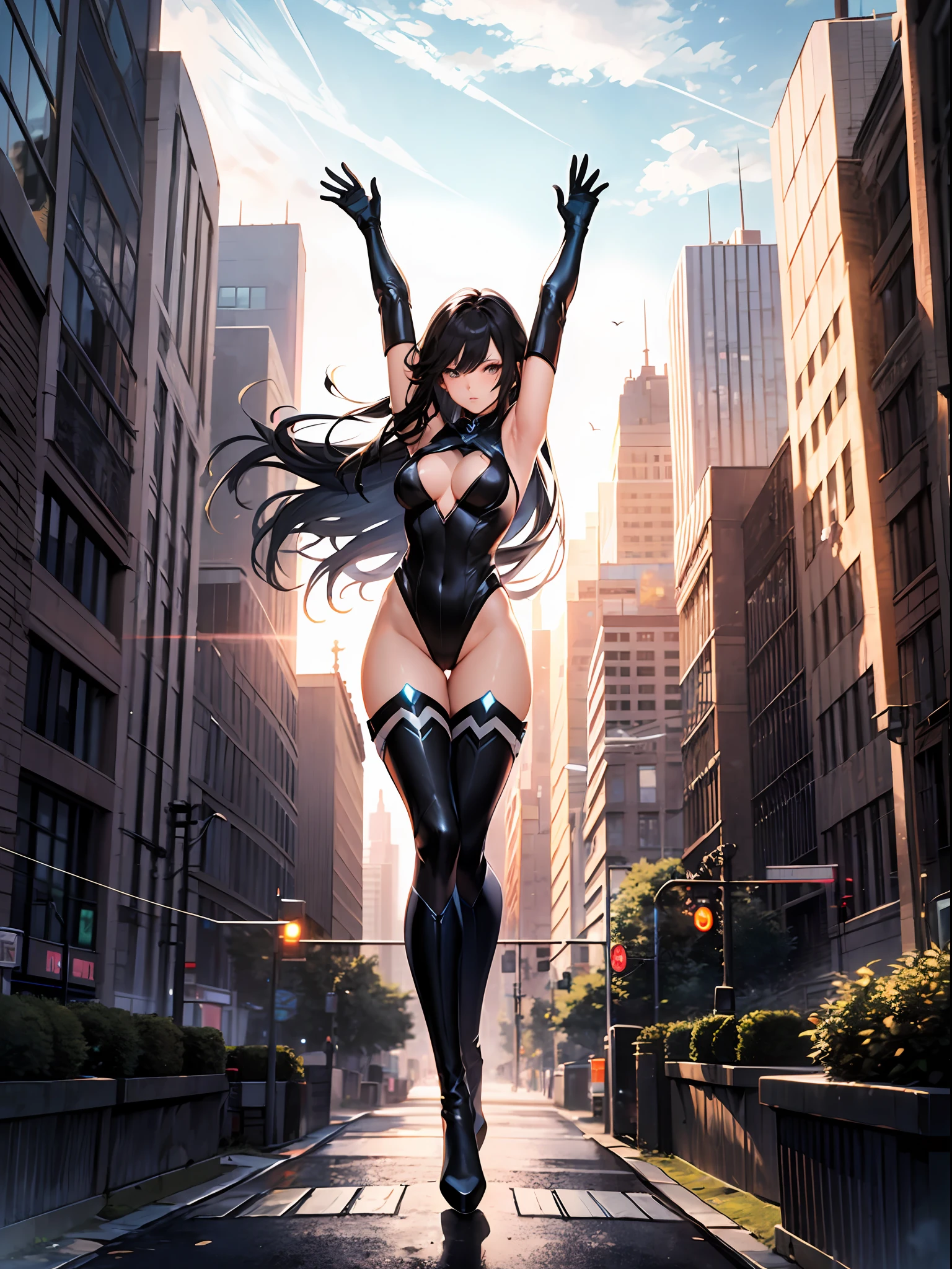 masterpiece, best quality, pretty woman, black hair, superhero, dynamic pose, leotard, bare legs, knee boots, gloves, flying, city backdrop