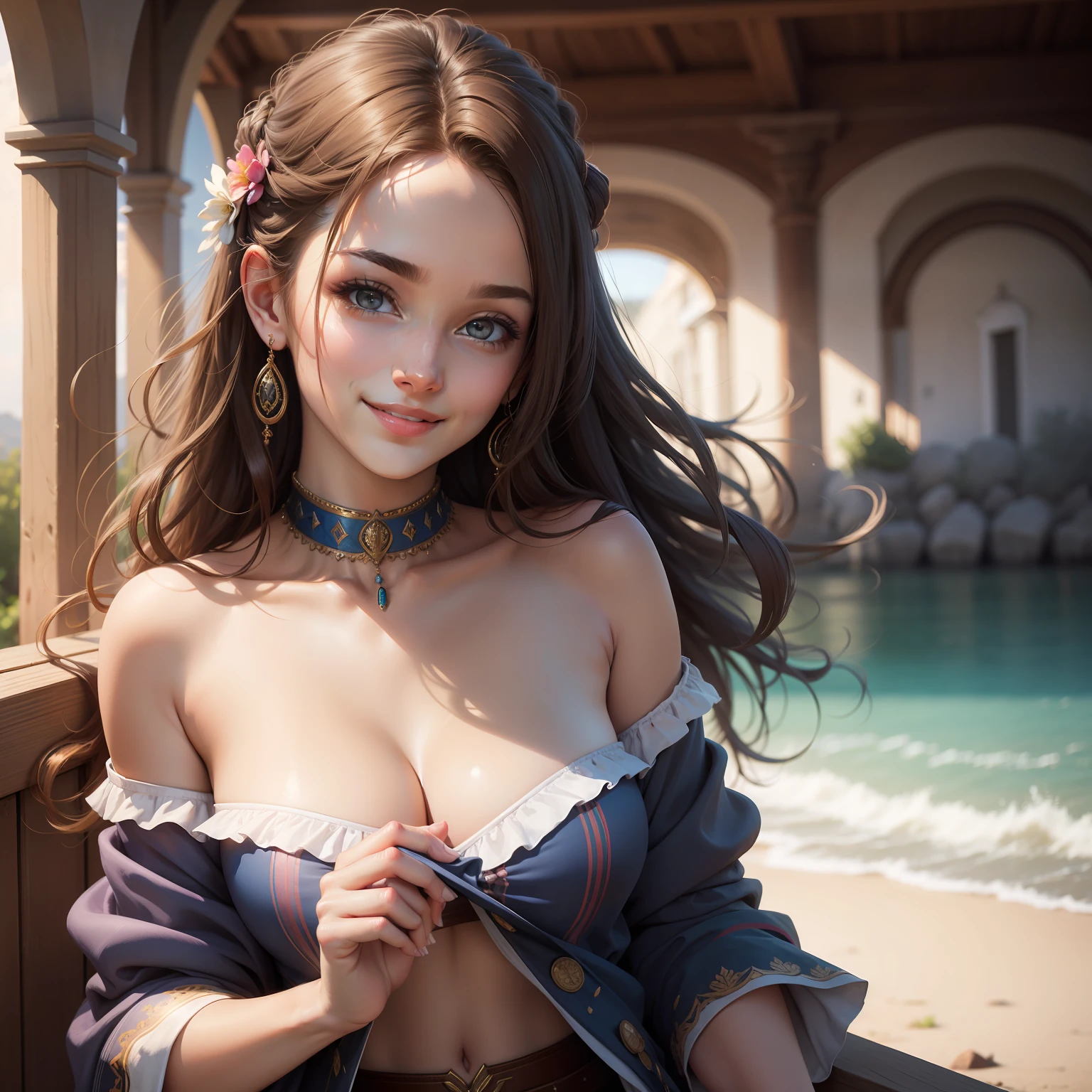 best quality, masterpiece, ultra high res, photorealistic, 1girl, offshoulder, smile