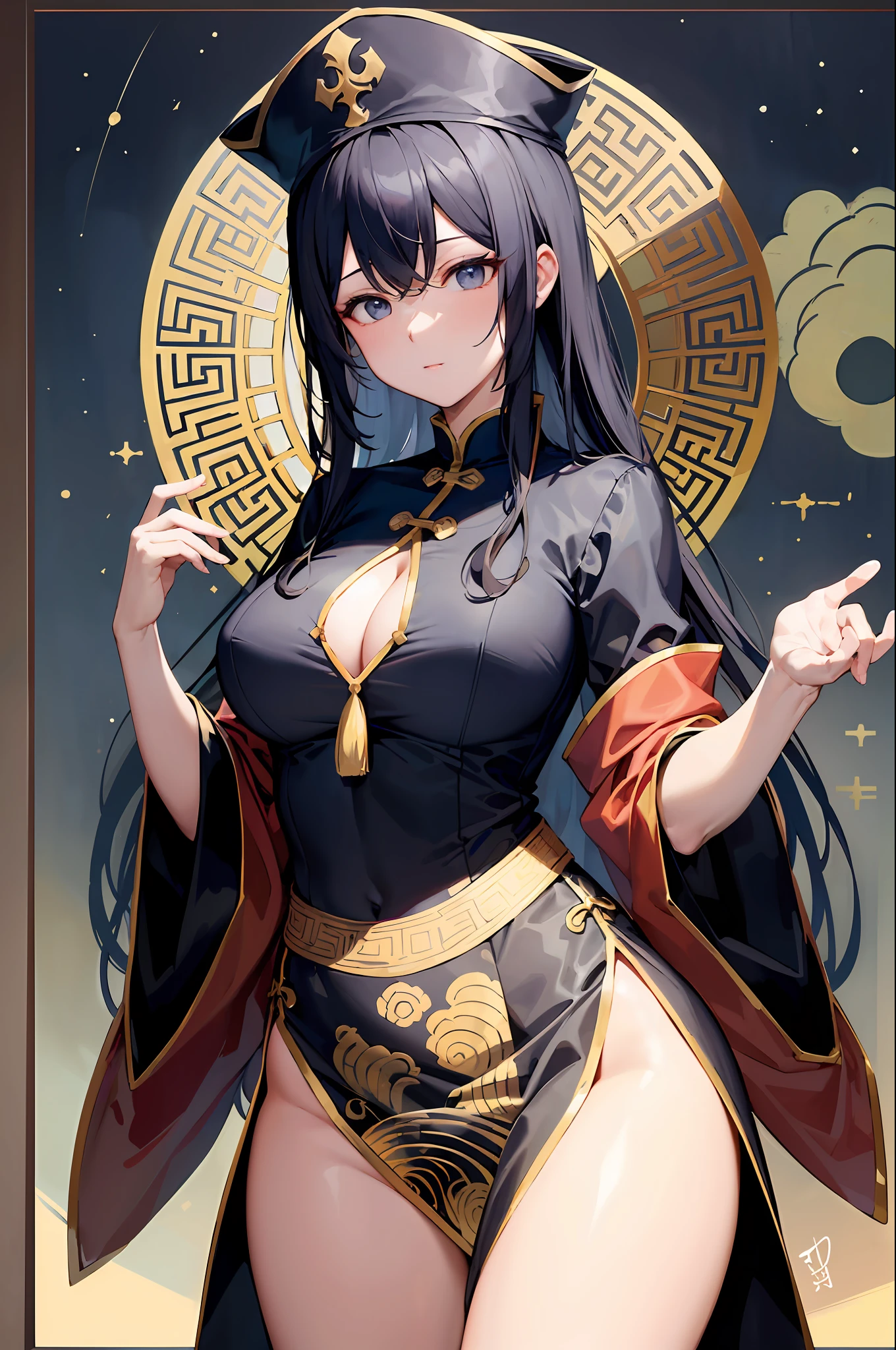 Kyung-hsien、femele、Black hair color、kawaii、Colossal tits、Dress long sleeves(Champao)Wearing、Night Chinese Night View Frame、Wearing a Kyungsi hat、Decorative panel、abstract art、By Alphonse Mucha (masterpiece、top-quality、hight resolution: 1.4)、真实感、detaileds、intricate-detail、4K、color splashes、line-drawing、Fibonacci、