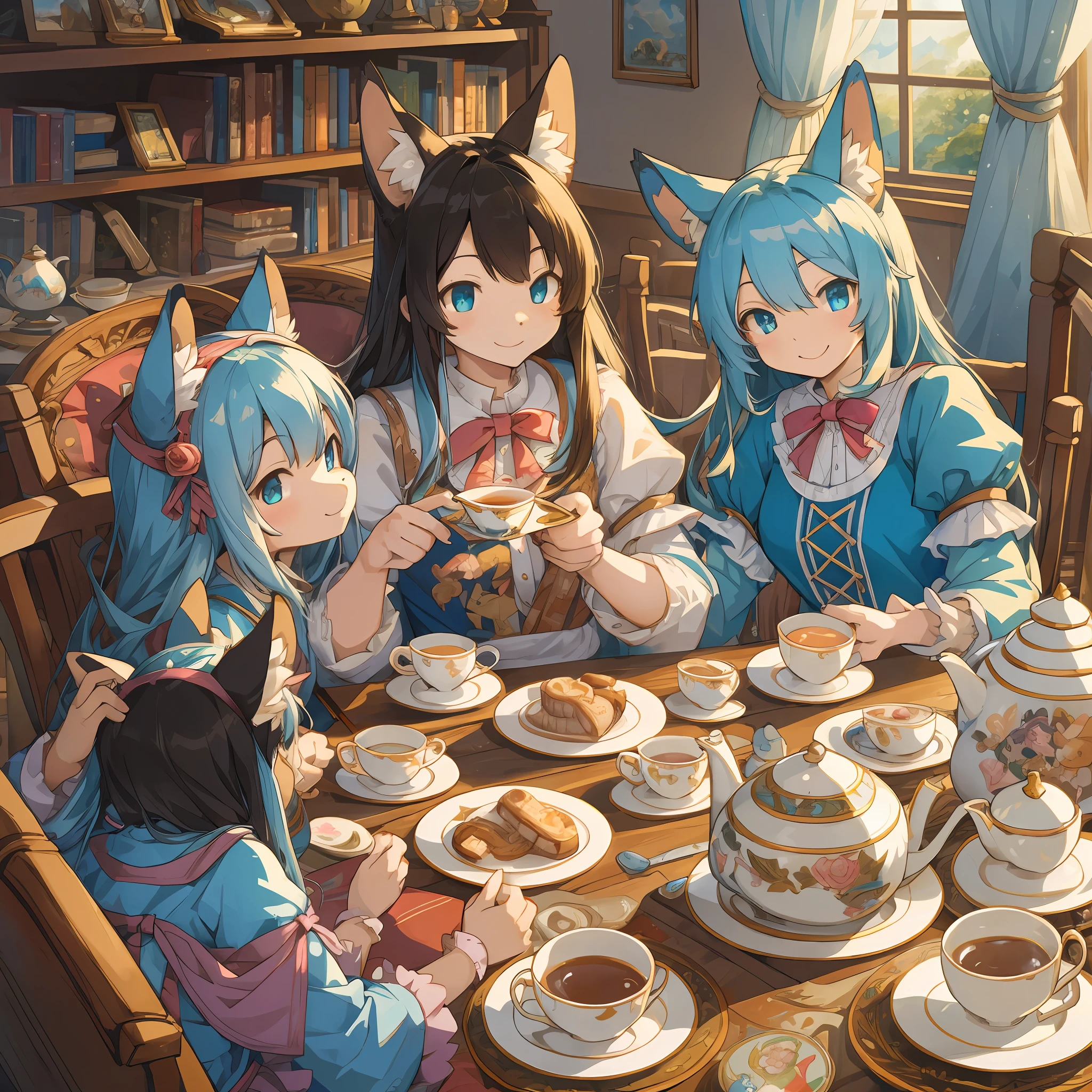 top quality, best quality, High-quality illustrations, masterpiece, super high resolution, detailed background, detailed background, Alice's Adventures in Wonderland, The World in Picture Books, tea parties, group shot:0.1, 6+boys, 6+girls, Happy, joyful, absurdres(highly detailed beautiful face and eyes)perfect anatomy(kemono, furry anthro)selfie:0.1,
