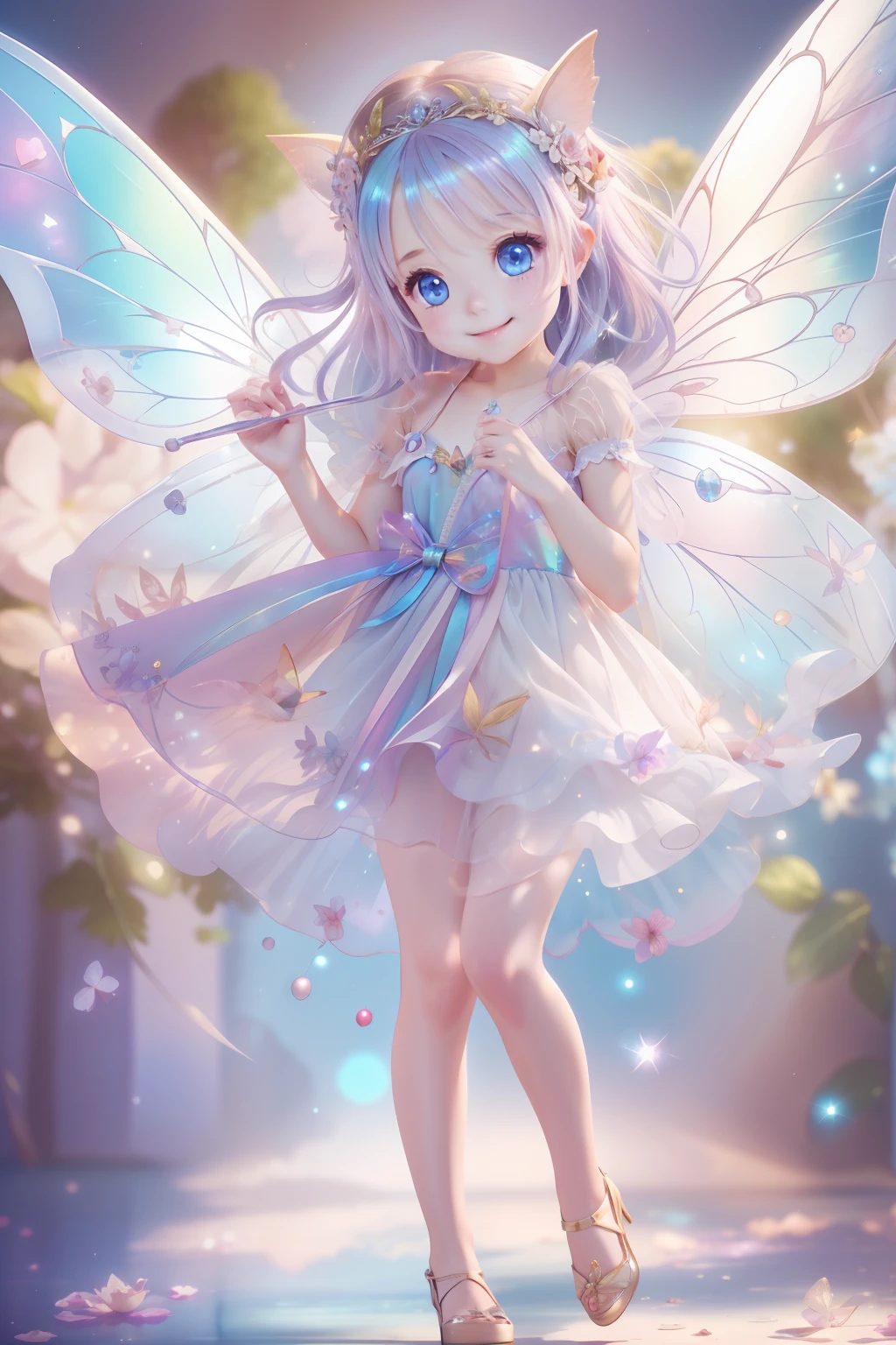 Cute fairy with a sense of transparency、Bright smile、Have fun playing、Beautiful background、Bright background、Iridescent background、a beauty girl