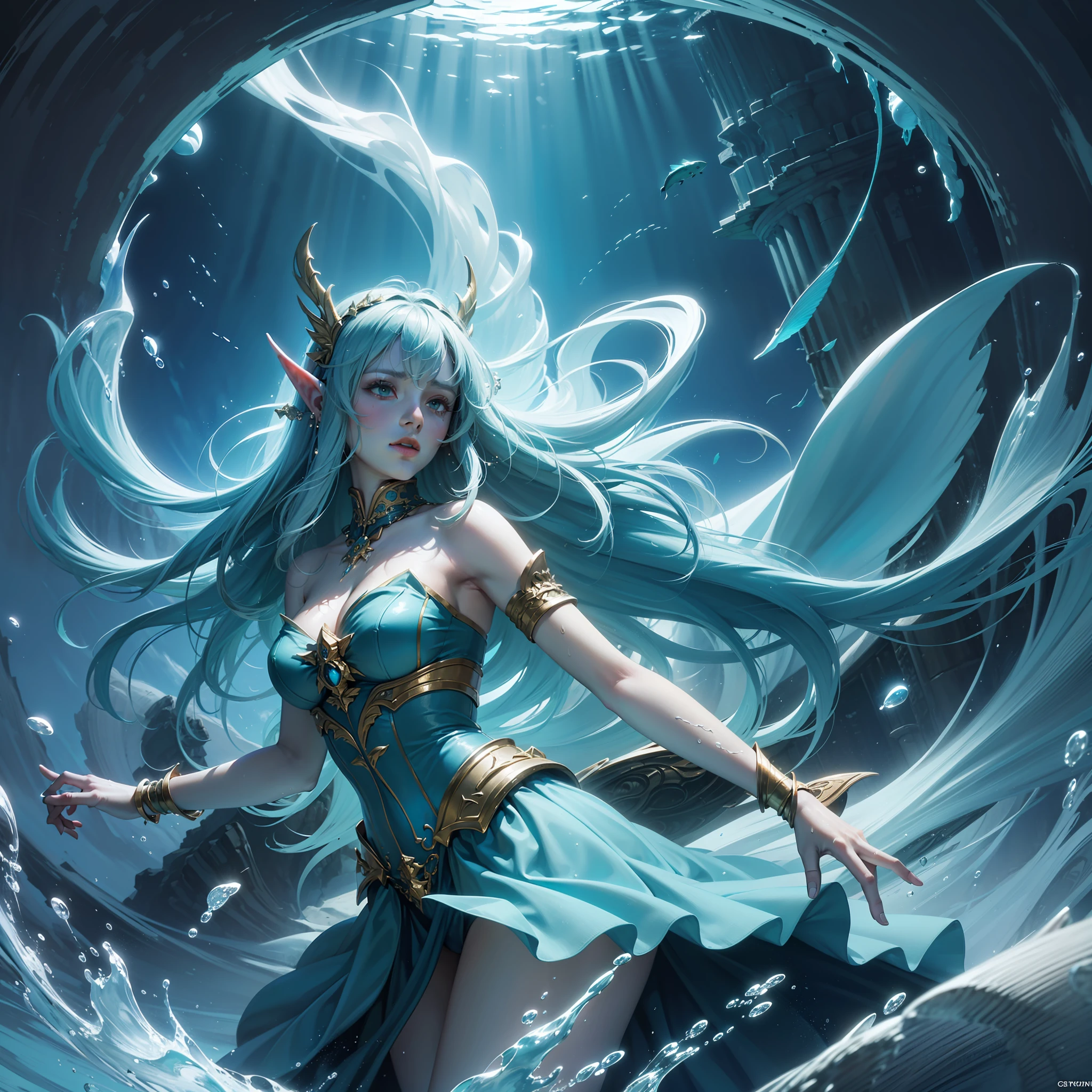 high details, best quality, 8k, [ultra detailed], masterpiece, best quality, (extremely detailed), dynamic angle, ultra wide shot, RAW, photorealistic, fantasy art, dnd art, rpg art, realistic art, an ultra wide picture of a sea elf (1.5 intricate details, Masterpiece, best quality) druid casting ((water control spell)), water wizard ((water magic)), ((contrilong swirling mass of water)), female sea elf, blue skin, green hair, long hair, swirling hair, intense eyes, glowing eyes, wearing sea shell clothing, beautiful elf, underwater background, rich underwater life, fish and sea weeds, high details, best quality, highres, ultra wide angle