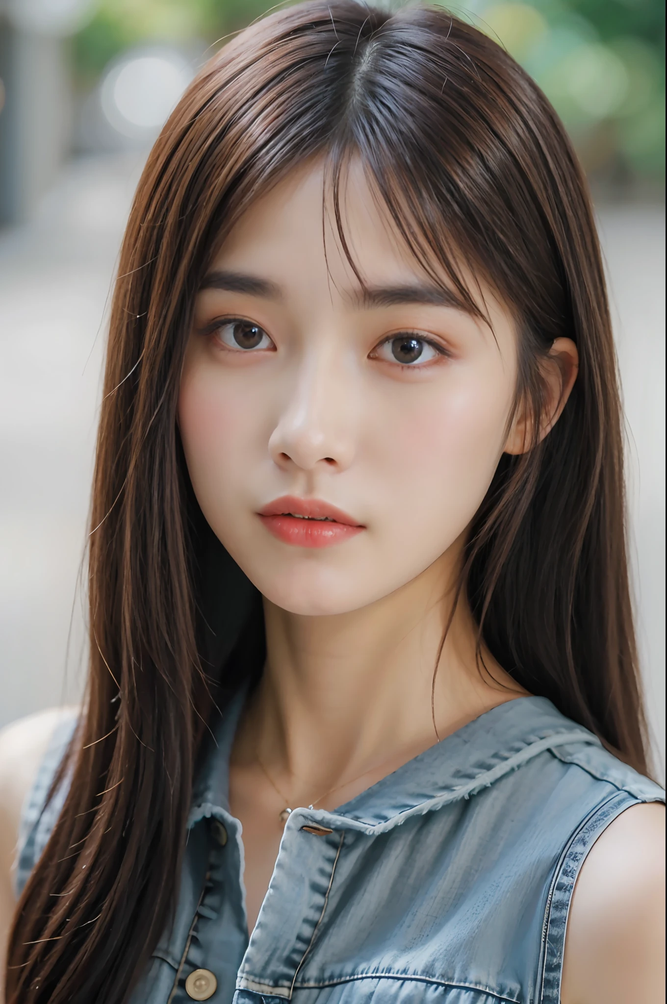 best qualtiy， realisticlying， 8K， A high resolution， 1girll， woman， （sportrait：0.6）， opulent， （cityscapebackground：1.6））， （（Small round chest， Jeans and sleeveless white T-shirt：1.98））， head straight-looking at viewer：1.8， （1 girl looks at the audience with eyes， medium lenght hair， A brown-haired， partedbangs：1.65）， realisticlying， （Keep one's mouth shut：1.46）， opulent，
