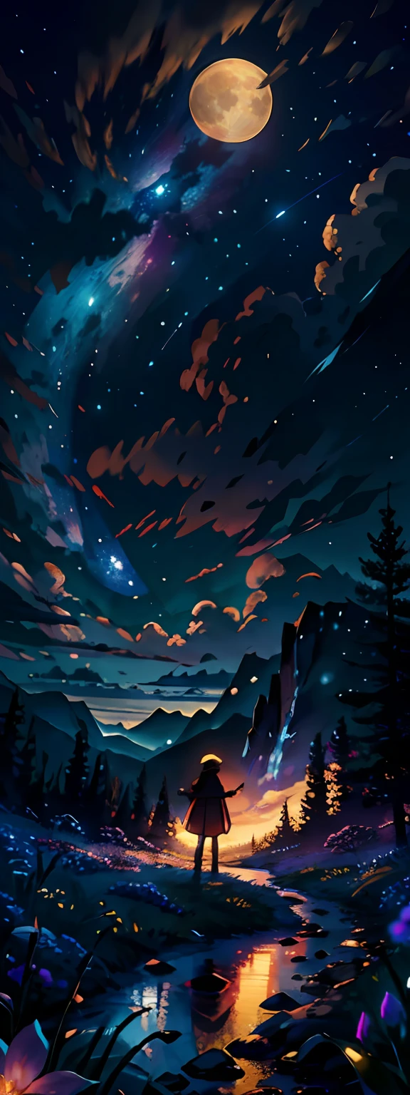 Expansive landscape photograph, (view from below with a view of the sky and the wilderness below), little girl standing in a flower field looking up, (full moon: 1.2), (shooting star: 0.9), (nebula: 1.3), distant mountain, tree break production art, (warm light source: 1.2), (firefly: 1.2), lamp, purple and orange, intricate detail, volume lighting BREAK (masterpiece: 1.2), (highest quality ), 4k, ultra-detailed, (dynamic configuration: 1.4), highly detailed and colorful details (iridescent: 1.2), (sparkling lighting, atmospheric lighting), dreamy, magical, (solo: 1.2)