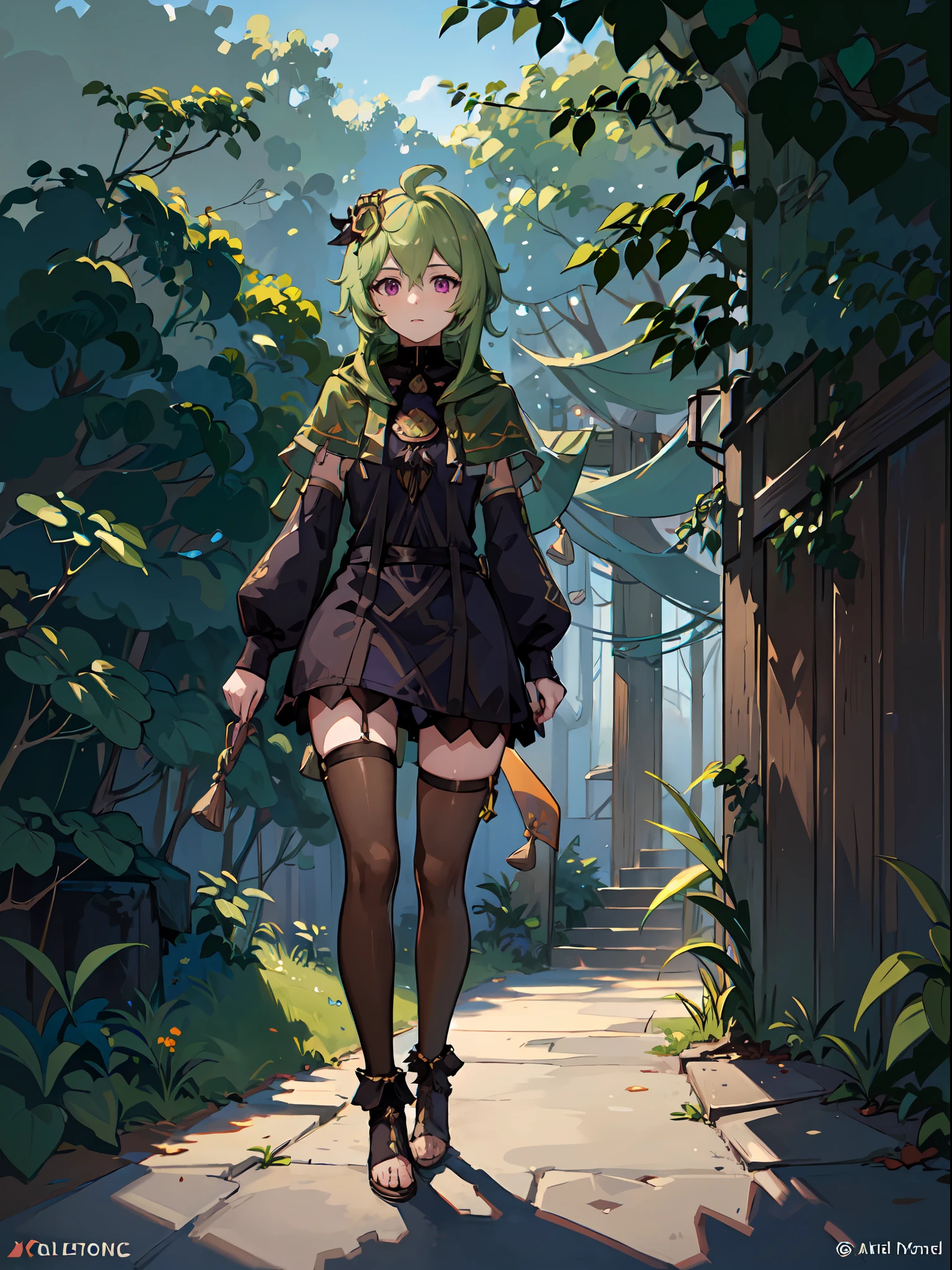 1girl, solo, green hair, thighhighs, purple eyes, green capelet, brown thighhighs, capelet, hair ornament, ahoge,black dress, long sleeves, dress, Collei walking around forest looking for something
