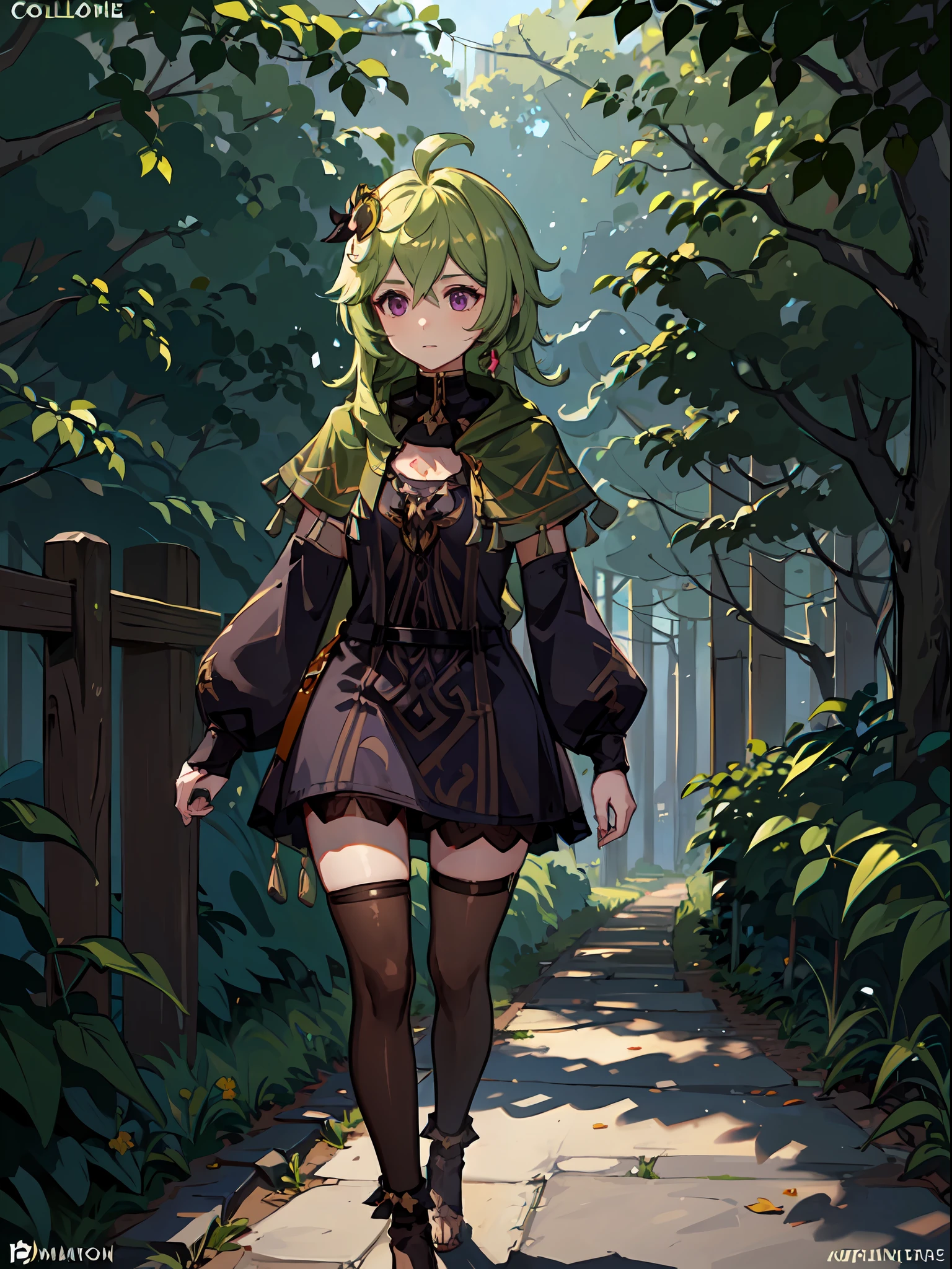 1girl, solo, green hair, thighhighs, purple eyes, green capelet, brown thighhighs, capelet, hair ornament, ahoge,black dress, long sleeves, dress, Collei walking around forest looking for something