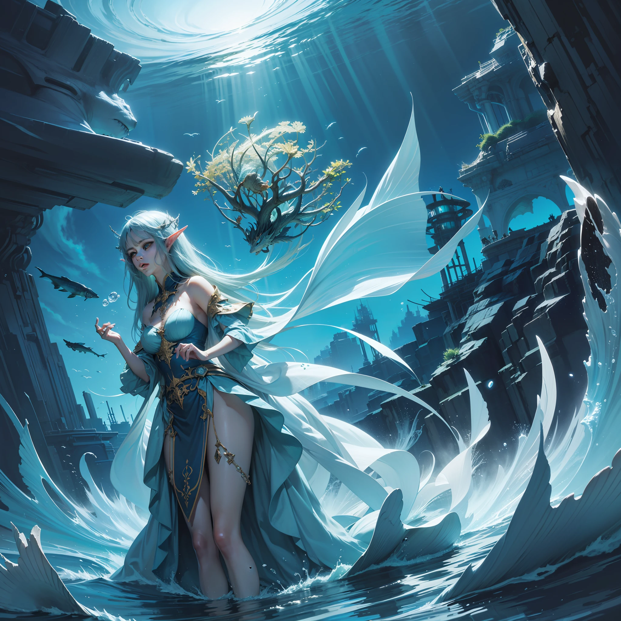 high details, best quality, 8k, [ultra detailed], masterpiece, best quality, (extremely detailed), dynamic angle, ultra wide shot, RAW, photorealistic, fantasy art, dnd art, rpg art, realistic art, an ultra wide picture of a sea elf (1.5 intricate details, Masterpiece, best quality) druid casting ((water control spell)), water wizard ((water magic)), ((contrilong swirling mass of water)), female sea elf, blue skin, green hair, long hair, swirling hair, intense eyes, glowing eyes, wearing sea shell clothing, beautiful elf, underwater background, rich underwater life, fish and sea weeds, high details, best quality, highres, ultra wide angle