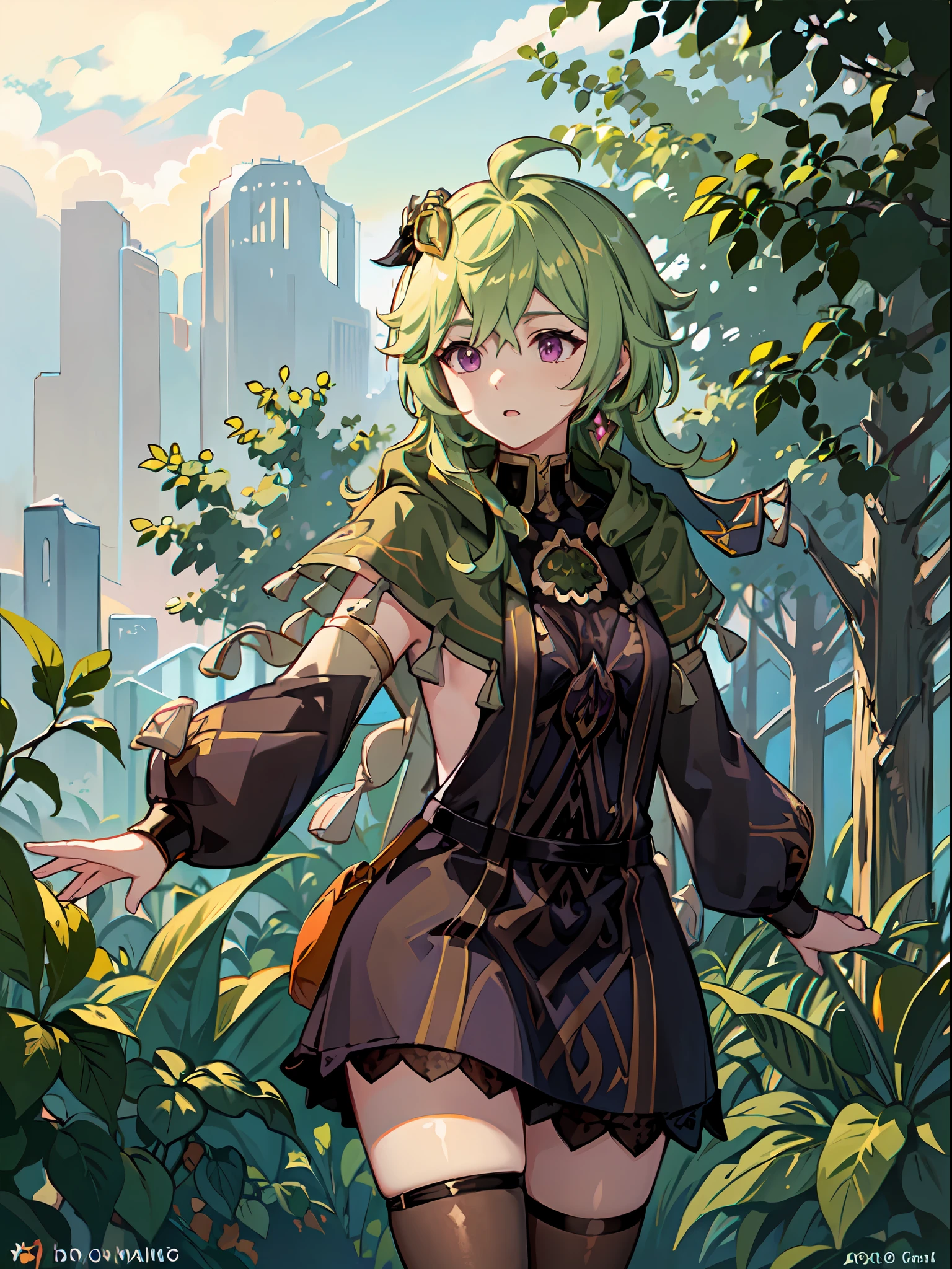 1girl, solo, green hair, thighhighs, purple eyes, green capelet, brown thighhighs, capelet, hair ornament, ahoge,black dress, long sleeves, dress, Collei walking around forest looking for something