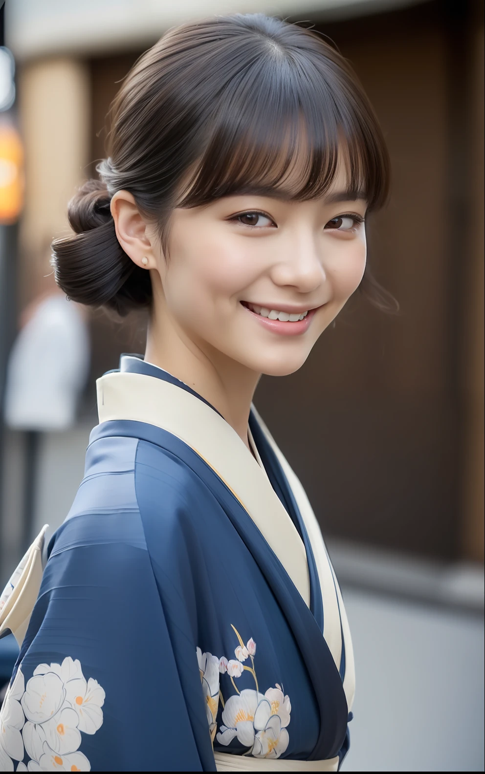 (((top quality, 8k, masterpiece))), crisp focus, (beautiful woman with perfect figure), slender, (((hairstyle: shortcut)), (((kimono: kara)), Street: 1.2 Highly detailed face and skin texture Detailed eyes Double eyelids Random posture, (smile), Japan person