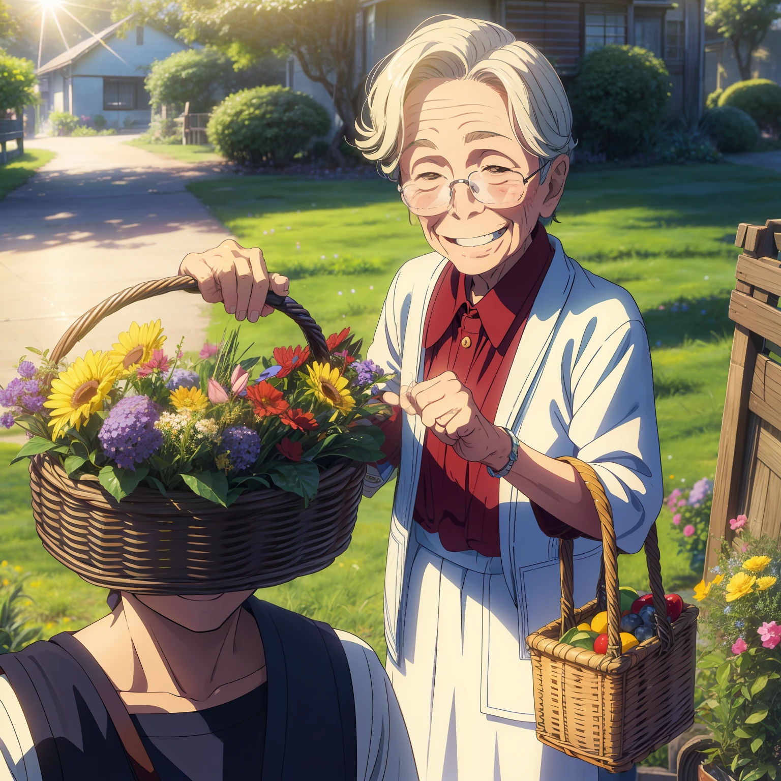 A young boy with，30s of the last century，basket、elated、paths、Grandma's house、cheerfulness、grin、and the sun was shining brightly、fresh flowers、the fruits、Small snacks、Innocence、Pure、Loves。