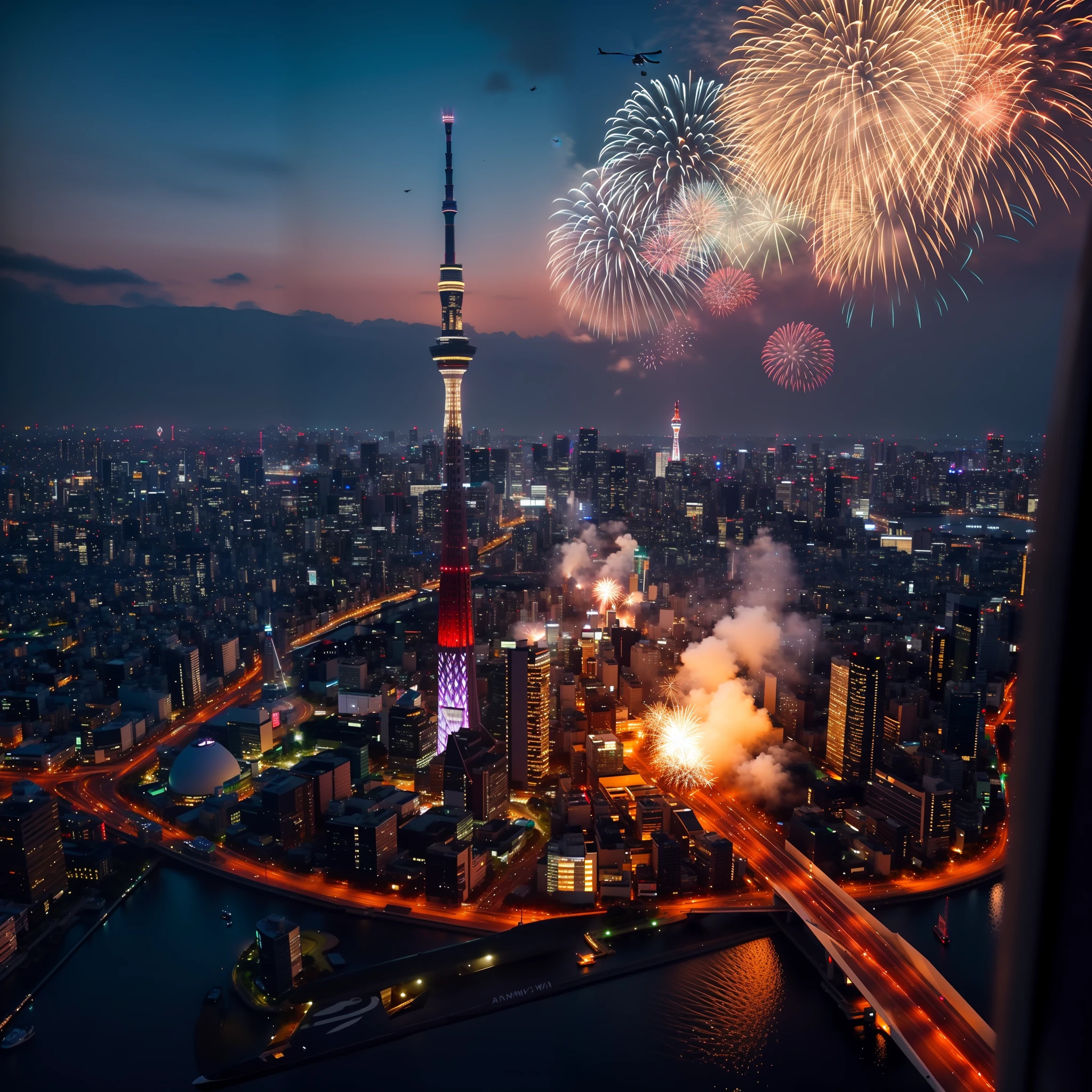 An aerial view from a helicopter narrowly dodging the vibrant explosions of the Sumida River Fireworks Festival. The cityscape of Tokyo at dusk is thrown into sharp relief by the near-miss fireworks, their myriad of shapes and colors reflecting off the river below in a dangerous dance of light and shadow. The Tokyo Skytree stands as a silent witness in the background, its silhouette stark against the twilight sky. Inside the helicopter, the lights are dimmed, throwing the outside view into even sharper focus. The image is one of excitement and awe, but also of the palpable tension of this too-close encounter.