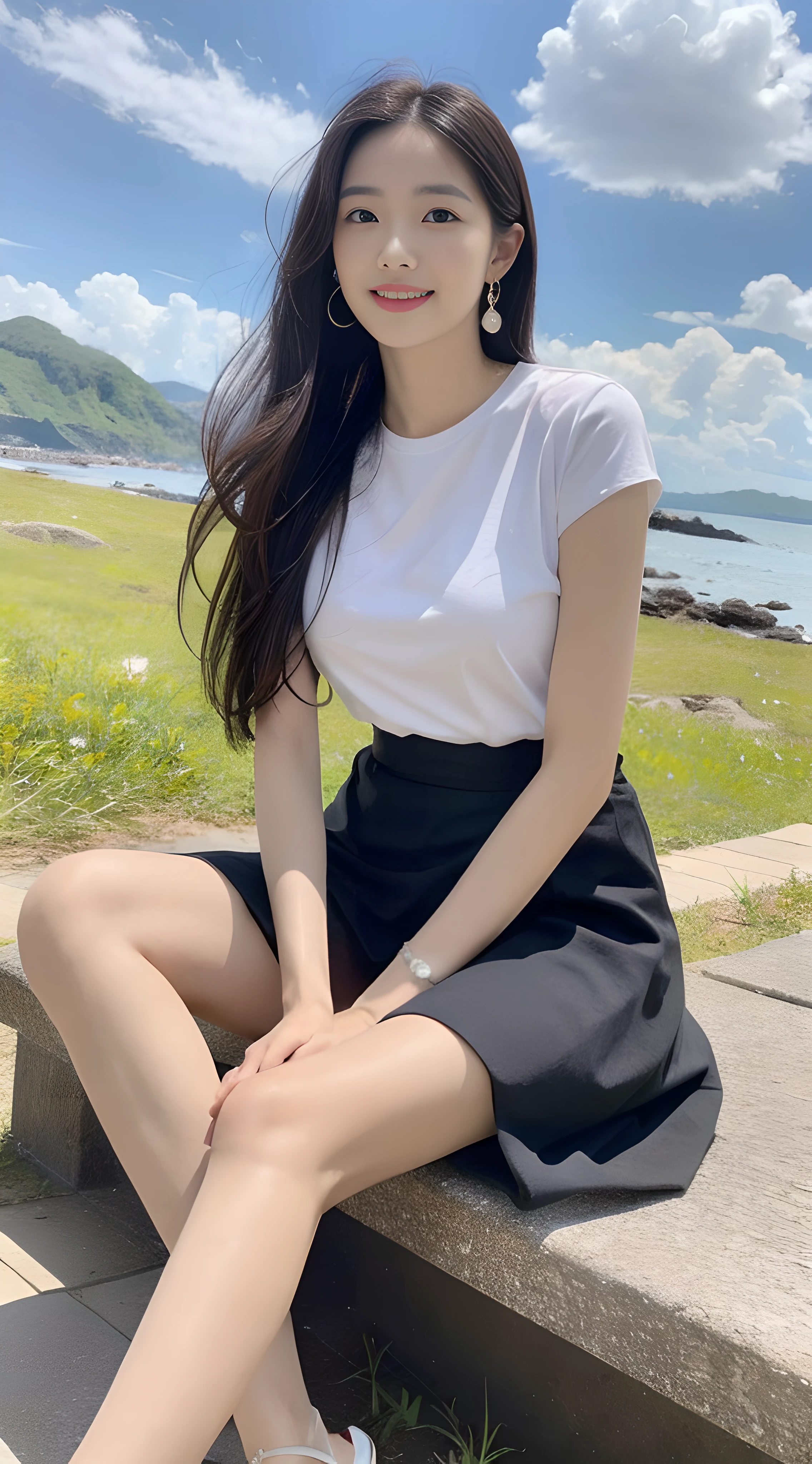 a young, Beautiful cute girl，Full body photo，Extremely beautiful and delicate，Black color hair，A sweet smile，Delicate and beautiful fair skin，Realistic and realistic，exquisite and complete facial features，Detailed depiction of the face，tall nose bridge，Smooth hair，extremely detail hair，Feminine temperament，Tall and tall，Thin，Realiy，White teeth，Tied up with hair，Hyper-realism，sandals，full body shot shot，Extreme picture quality,Highest precision,Precise and perfect human anatomy。with blue sky and white clouds，with blue sky and white clouds，rays of sunshine，Cows, sheeps, (Chiffon skirt)（telephoto shot，）Express the landscape，Highlight portrait。Sitting on the beach by the sea。Wearing earrings