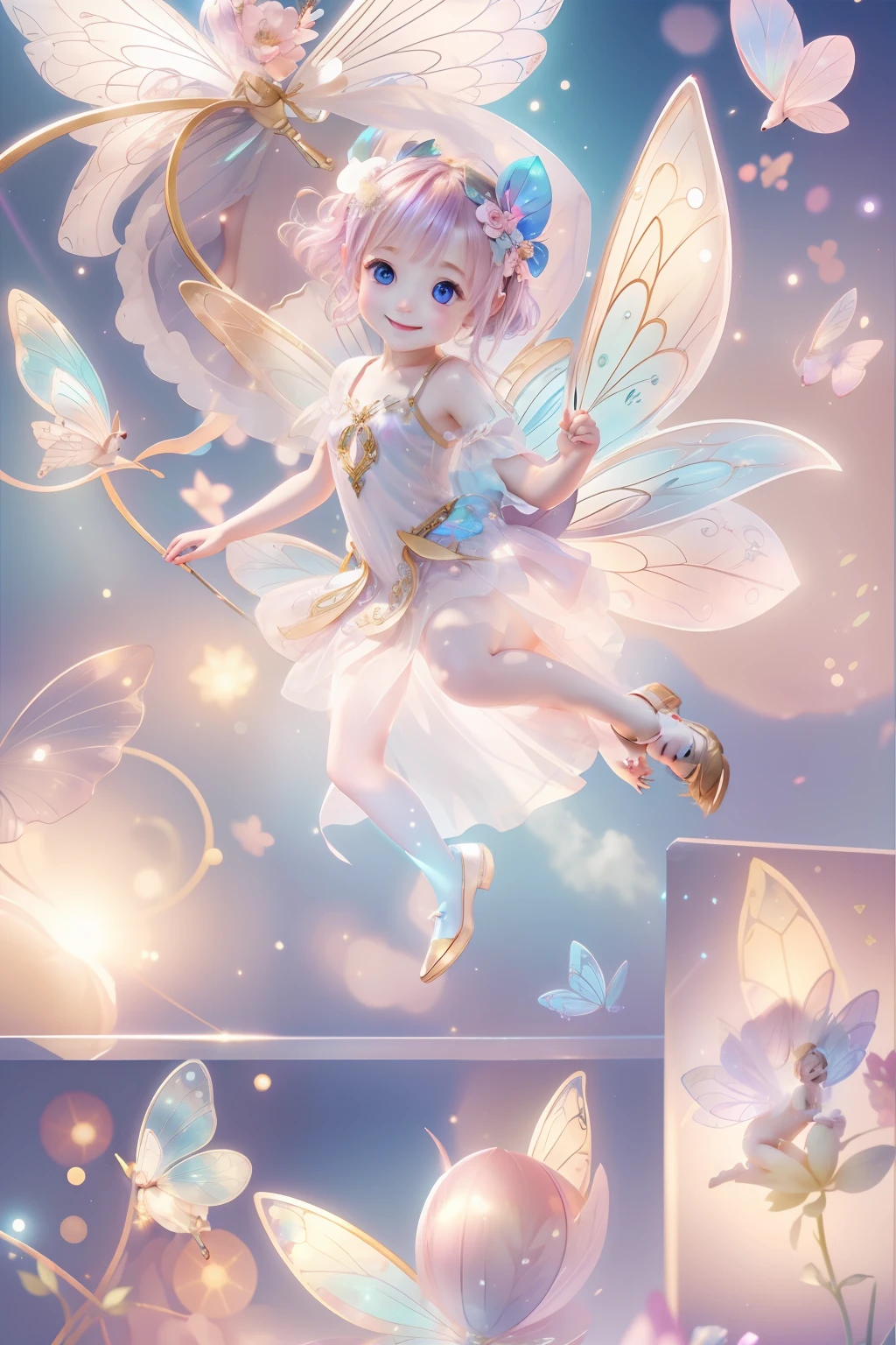 Cute fairy with a sense of transparency、Bright smile、Have fun playing、Beautiful background、Bright background、Iridescent background、baby