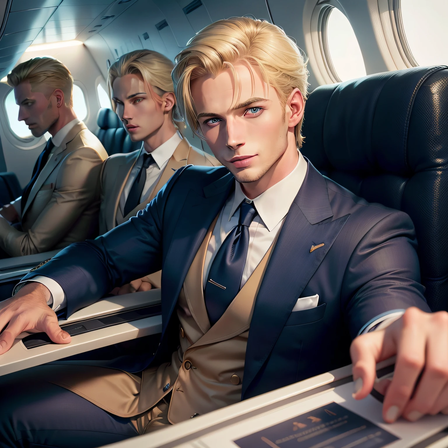 blond man in blue suit sitting on Ferrari looking at the camera, wearing Armani suites 36 year old man on a airplane, attractive man, attractive male, in flight deck,medium blonde hair, high res, blonde man, handsome male, brown-eyed man, realistic, big smile, soft lighting