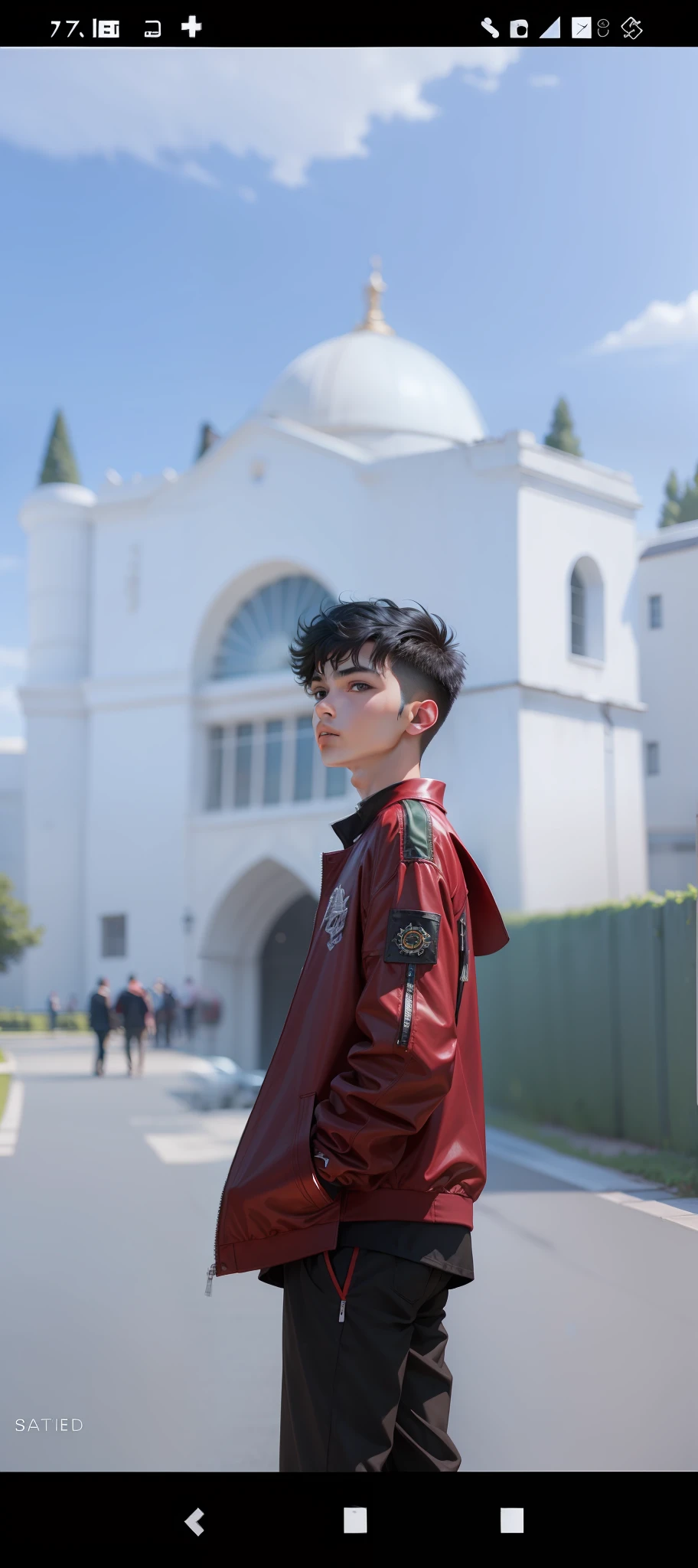masterpiece, best quality, high resolution, fine detail, amazing and beautiful detail, different_images, 1 teenage boy, scarlet fabric jacket, from below, black hair, black eyes, outer space, dome, black pants, dark green shirt, green shirt old