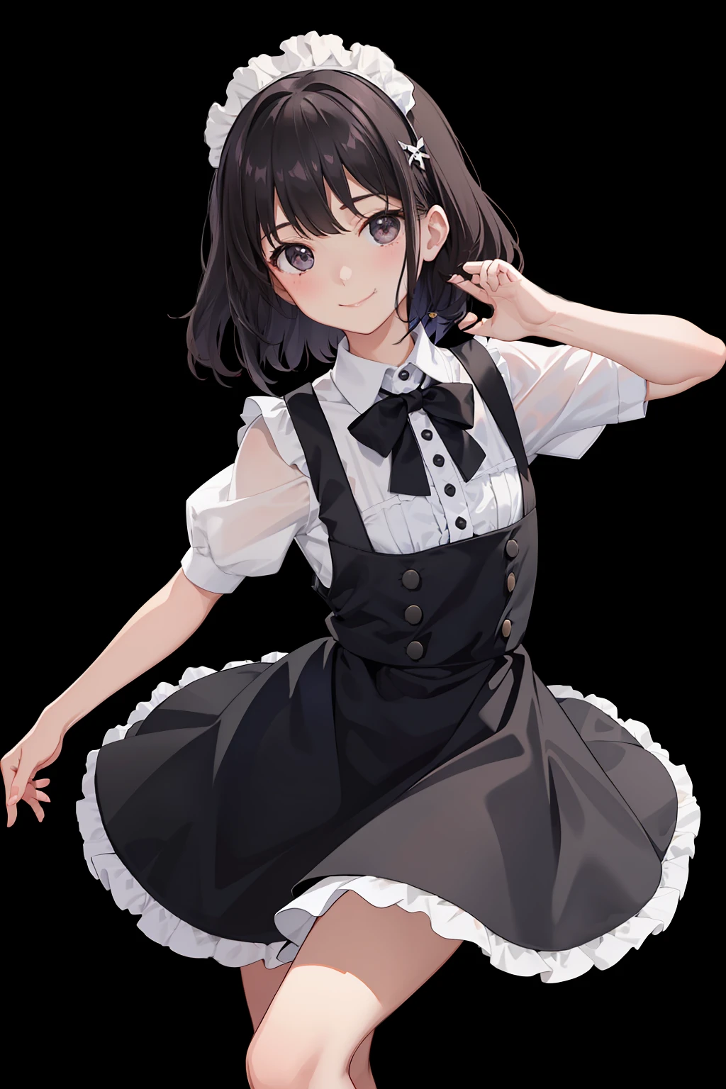 1girl in、A smile、A delightful、skirt by the、(small tits)Chilarism、doress、pinafore,,,,,,、Maids,,,,,,,,、A dark-haired、hair adornments、movement、