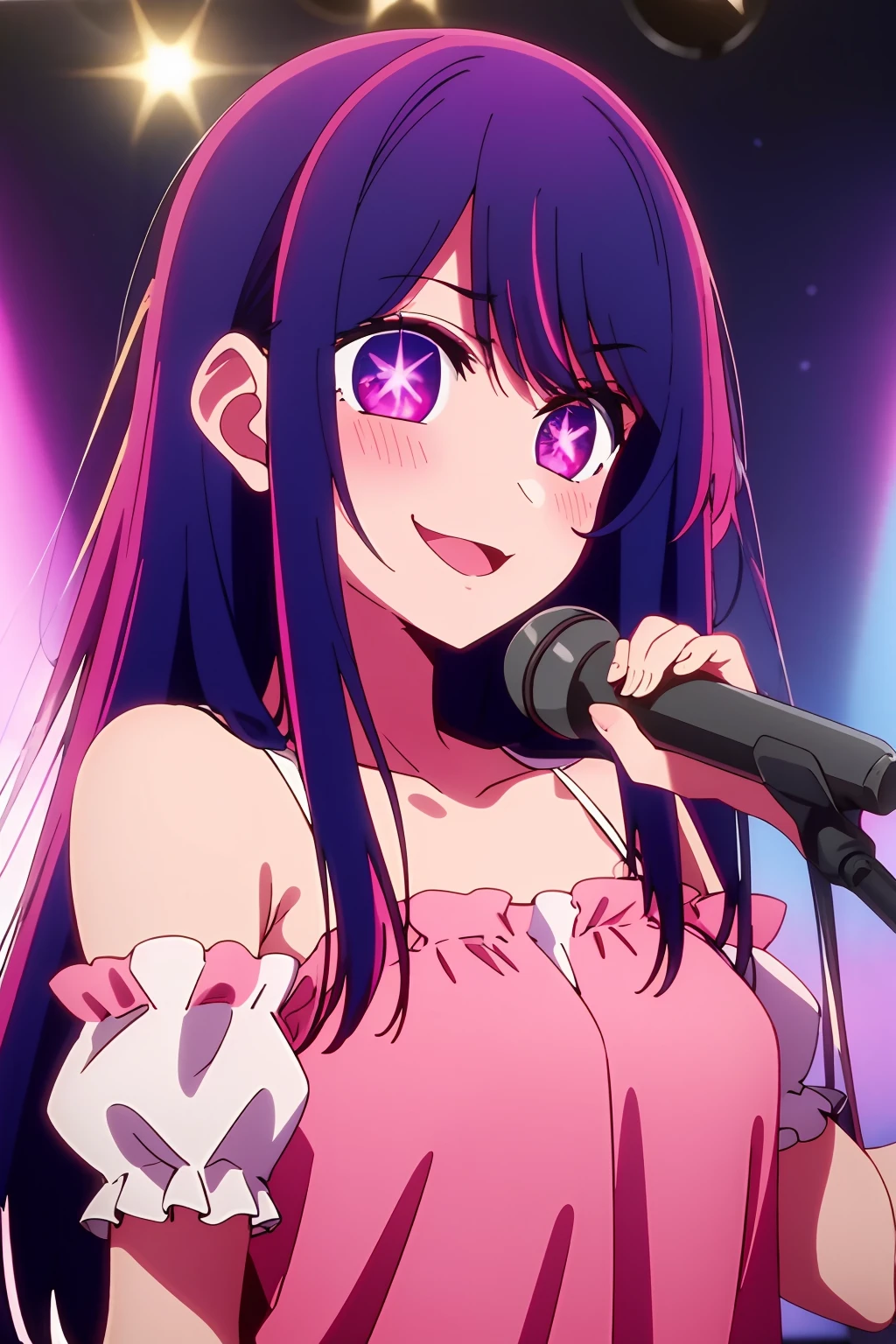 masterpiece、ighly detailed、(1 girl in:1.2)、purple color hair、pink dress、big eye、a closeup、naughty smile、8K 、Ai Hoshino、Live performance venue