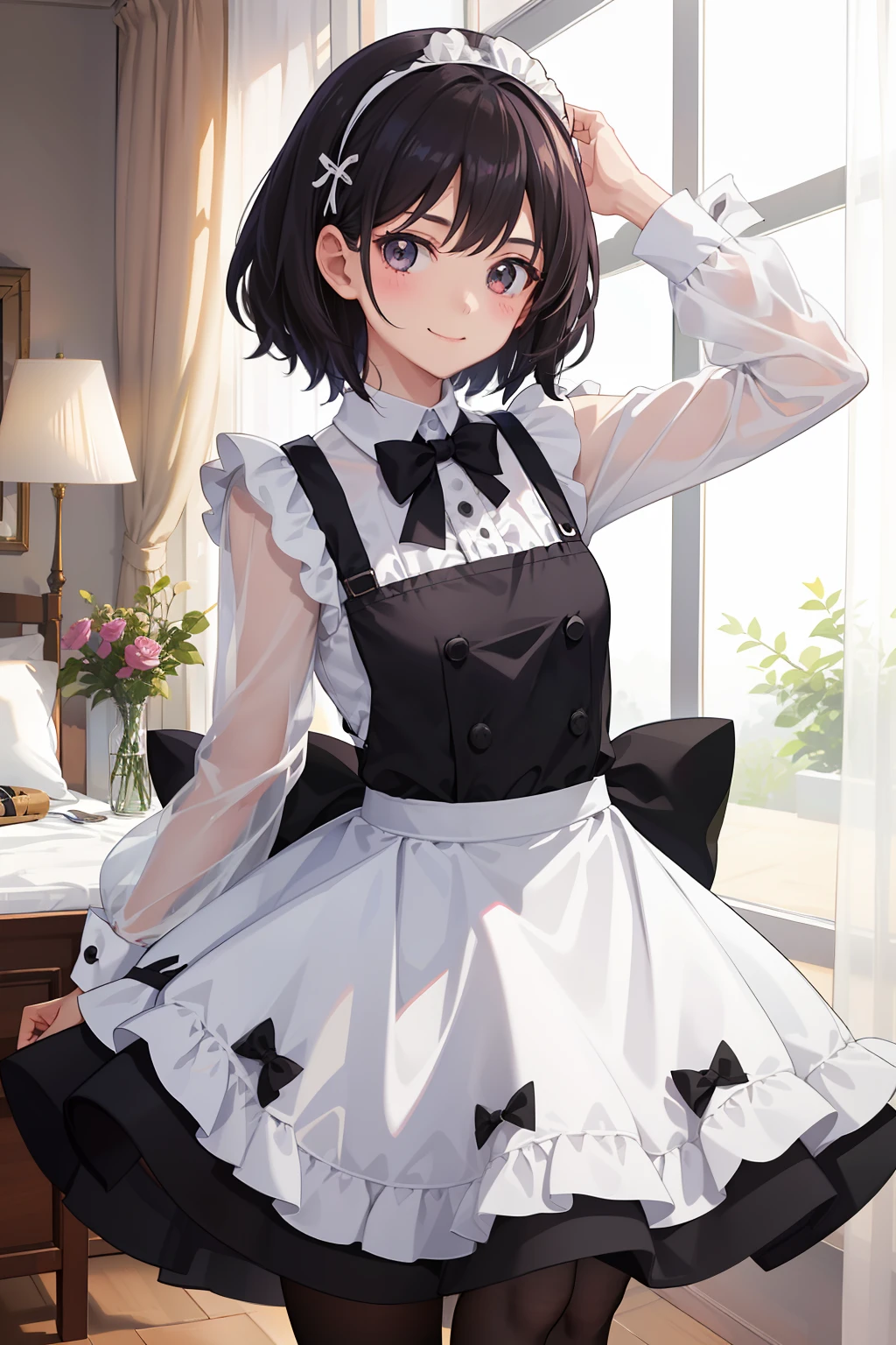 1girl in、A smile、A delightful、skirt by the、(small tits)Chilarism、doress、pinafore,,,,,,、Maids,,,,,,,,、A dark-haired、hair adornments、movement、