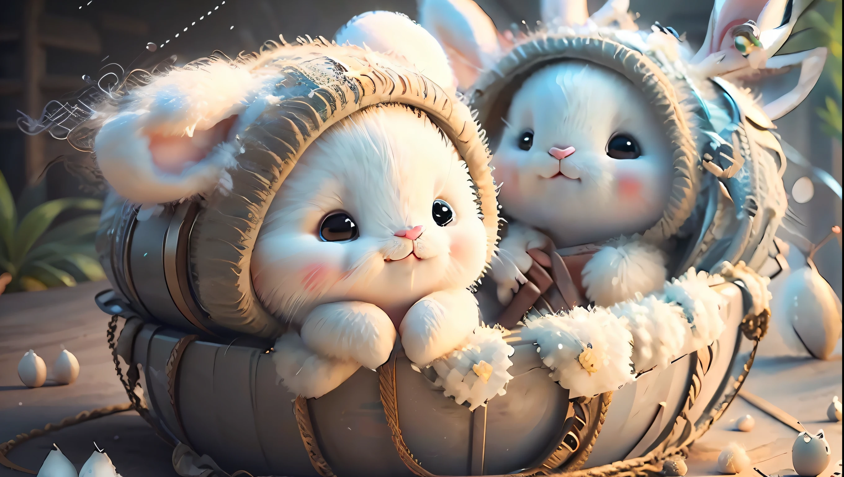 (Very detailed CG work, highest quality, detail everywhere) rabbit, (very cute: 1.3, white fluffy, black and white eyes: 1.2), rabbit ears: 1.2), glass cellulose clothing, small hairpin, habitual, (show details of the shot,), details should be very realistic, frame by frame to depict every detail, make the work more infectious.