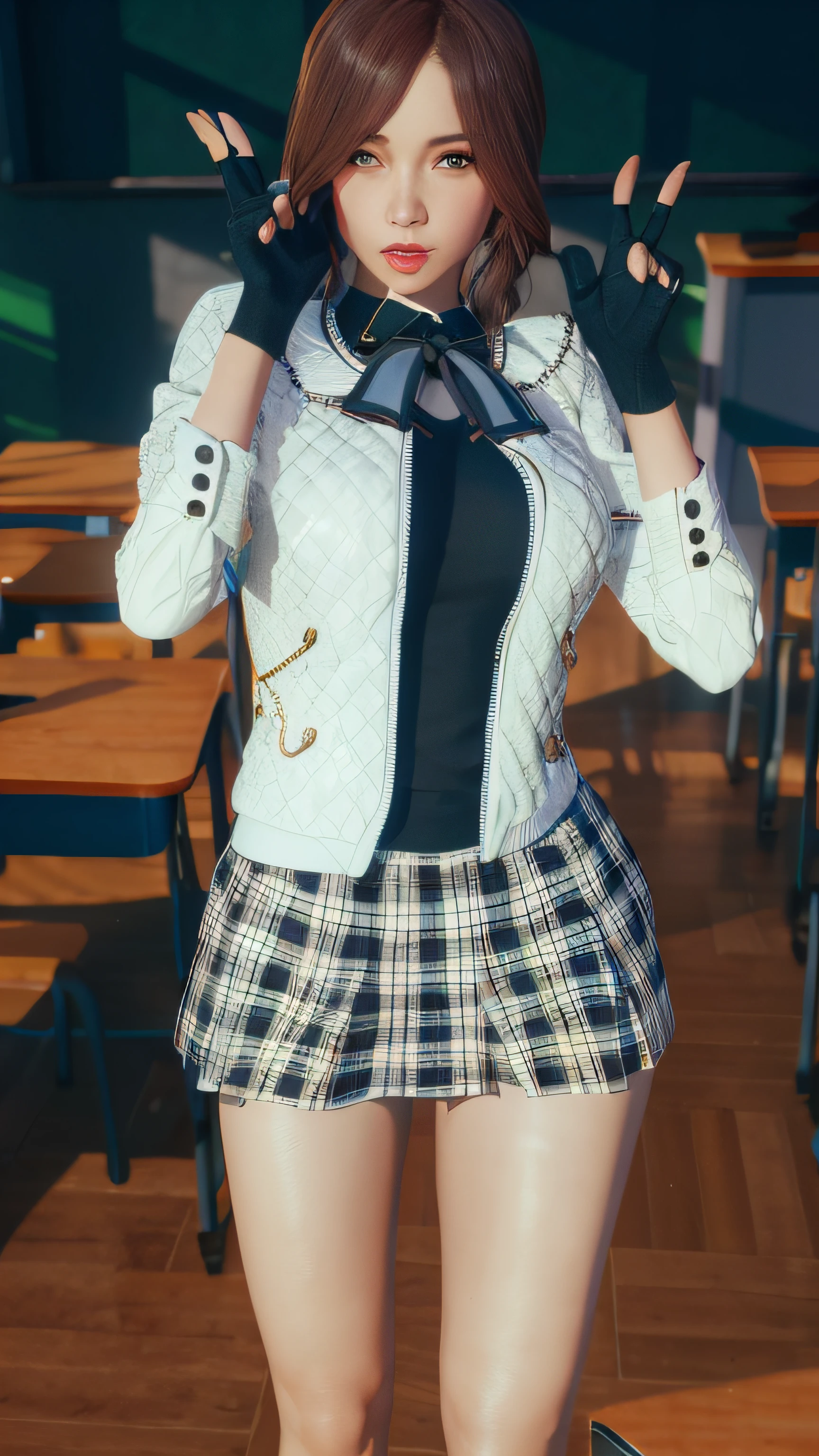 There is a 3D image of a woman in a school uniform, aluna hiperrealista, Estudante realista, uma aluna hiperrealista, da escola, em roupas! altamente detalhado, Cyber Escola Meninadante bonito, Roupas do Professor, vestida como aluna, 2 b, 2b, roupas detalhadas, magic school uniform, usando jaqueta e saia