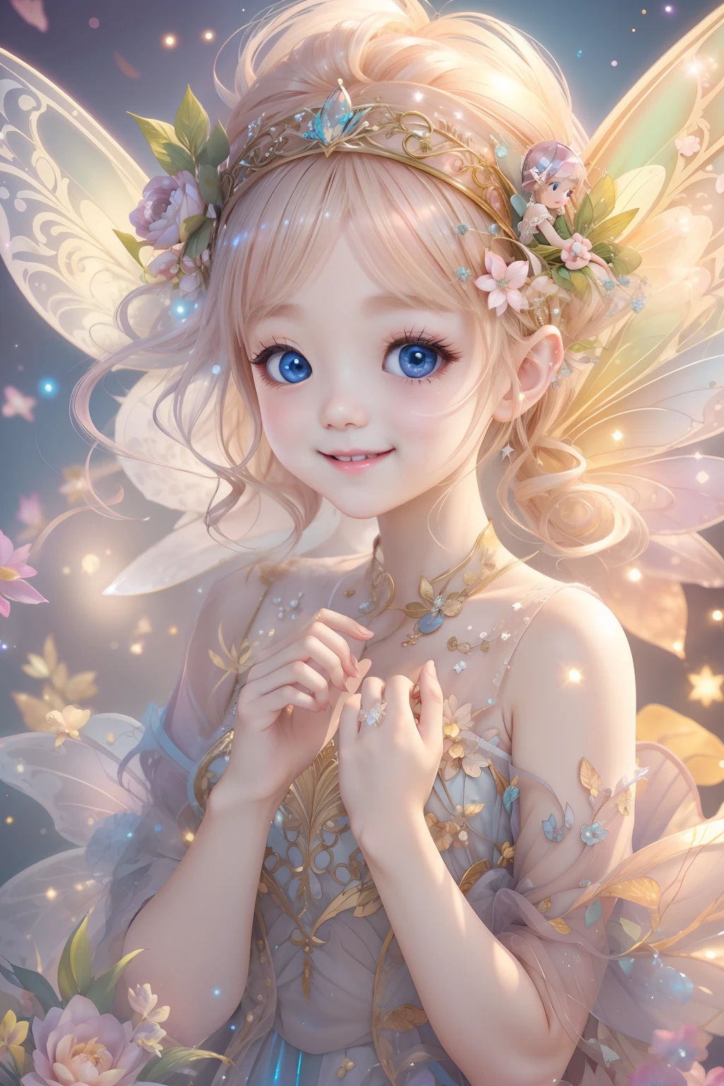 A beautiful fairy with a sense of transparency smiles brightly、Let's have fun。For a beautiful background、Baby Fairy、Bright iridescent views unfold。