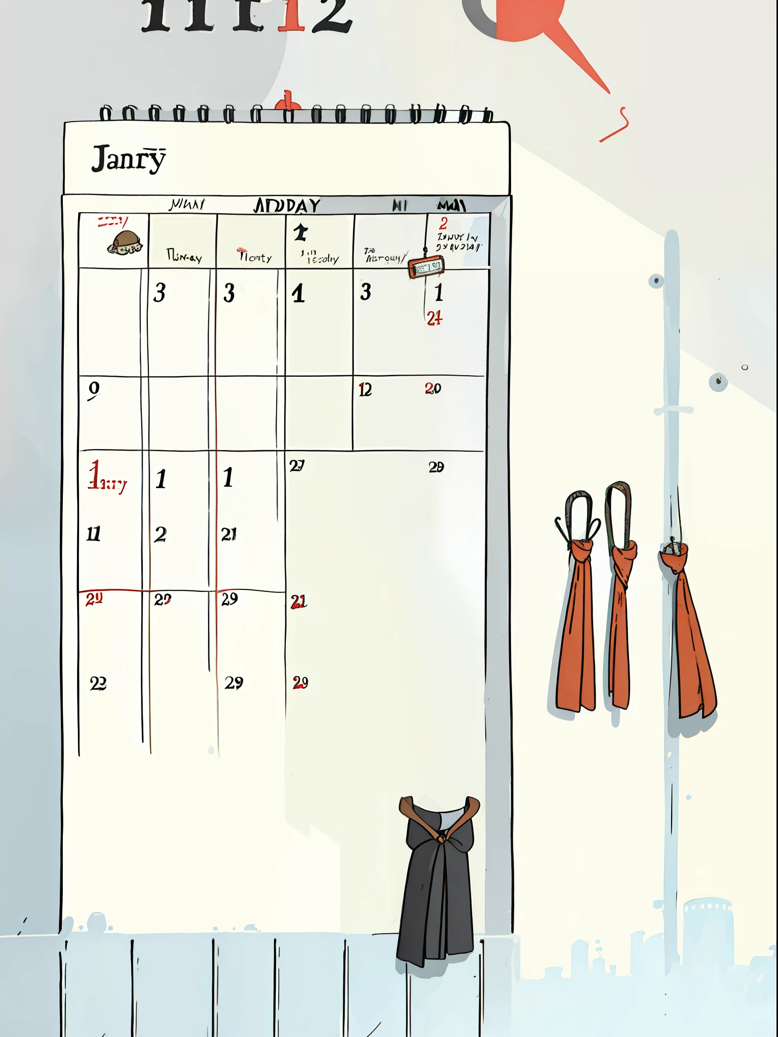 A wall calendar，January 1 is highlighted，No characters，chino