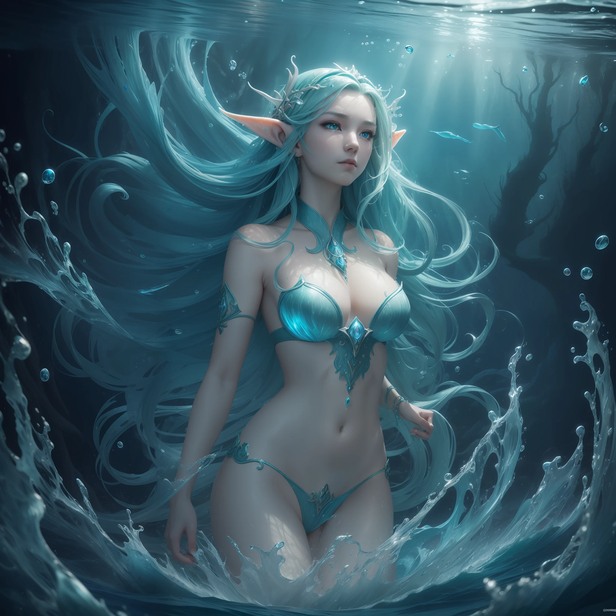 high details, best quality, 8k, [ultra detailed], masterpiece, best quality, (extremely detailed), dynamic angle, ultra wide shot, RAW, photorealistic, fantasy art, dnd art, rpg art, realistic art, an ultra wide picture of a sea elf (1.5 intricate details, Masterpiece, best quality) druid casting ((water control spell)), water wizard ((water magic)), ((contrilong swirling mass of water)), female sea elf, blue skin, green hair, long hair, swirling hair, intense eyes, glowing eyes, wearing sea shell clothing, beautiful elf, underwater background, rich underwater life, fish and sea weeds, high details, best quality, highres, ultra wide angle