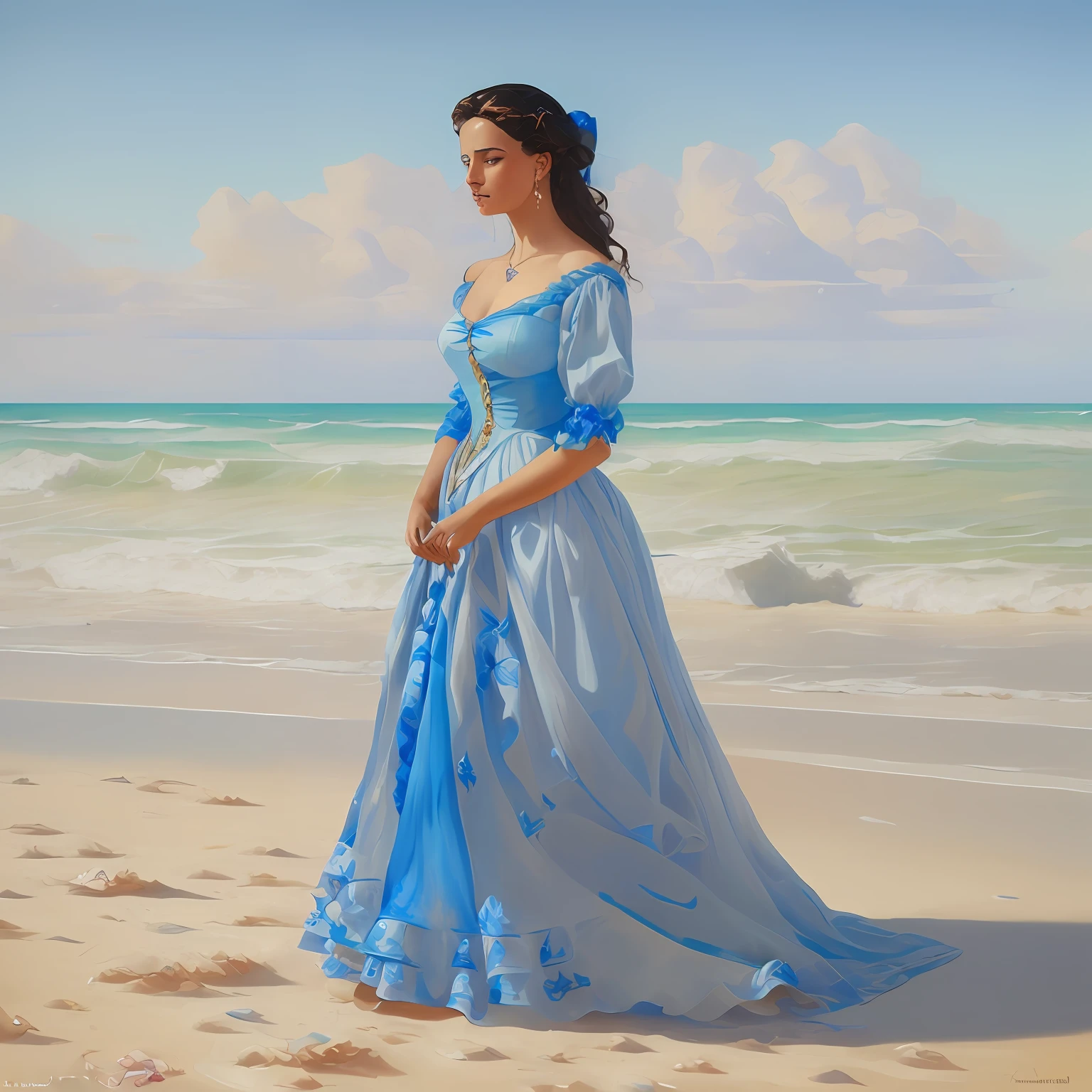 Painting of a woman in a blue dress on the beach, Micheal Cheval (Unreal engine, realistic fantasy painting, Fantasy Victorian art, beautiful character painting, elegant digital painting, beautiful gorgeous digital art, by Alexander Kucharsky, painting of beautiful, gorgeous digital painting, inspired by Ruth Sanderson, realistic spanish woman painting, by Pablo Munoz Gomez