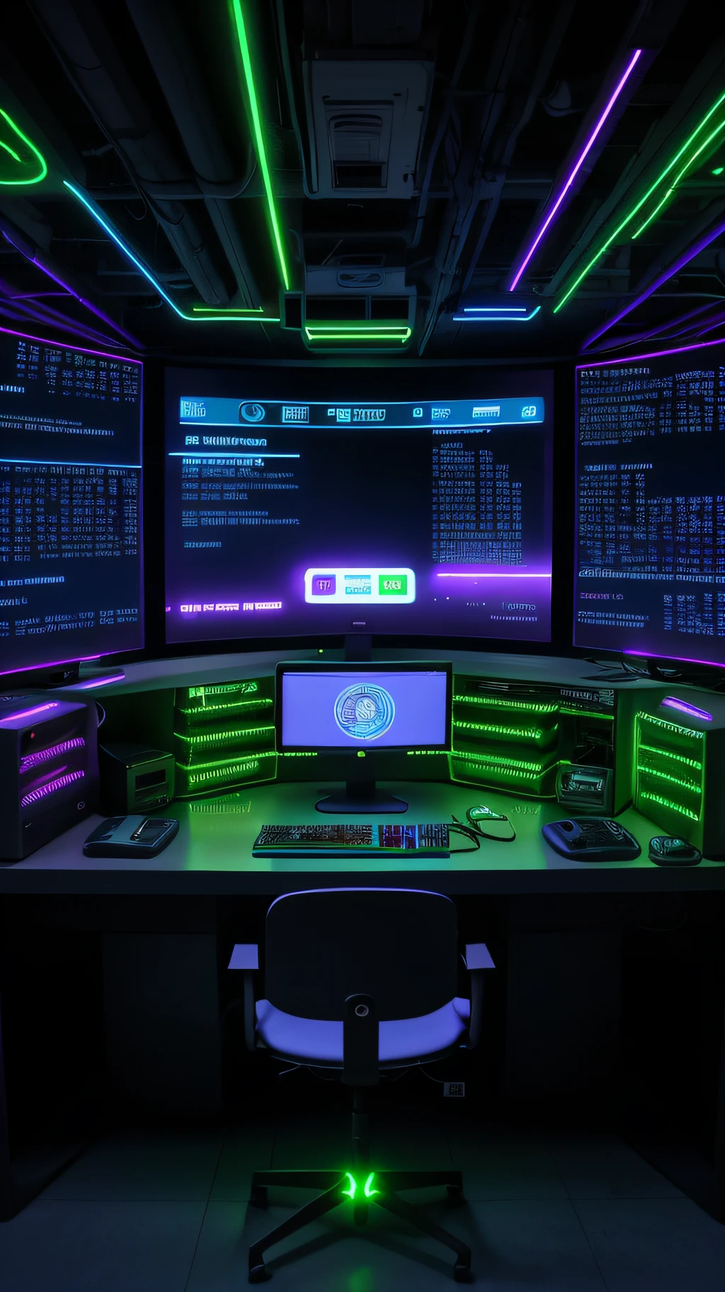 a dimly lit computer desk with multiple monitors and a keyboard, cyberpunk setting, cyber punk setting, cyber neon lighting, cyber space, cyberpunk with neon lighting, cyber neon lights, in a cyberpunk themed room, cyberpunk interior, gamer screen on metallic desk, cyber aesthetic, cyber style, sci-fi computer, cyber background, cyber installation, console and computer