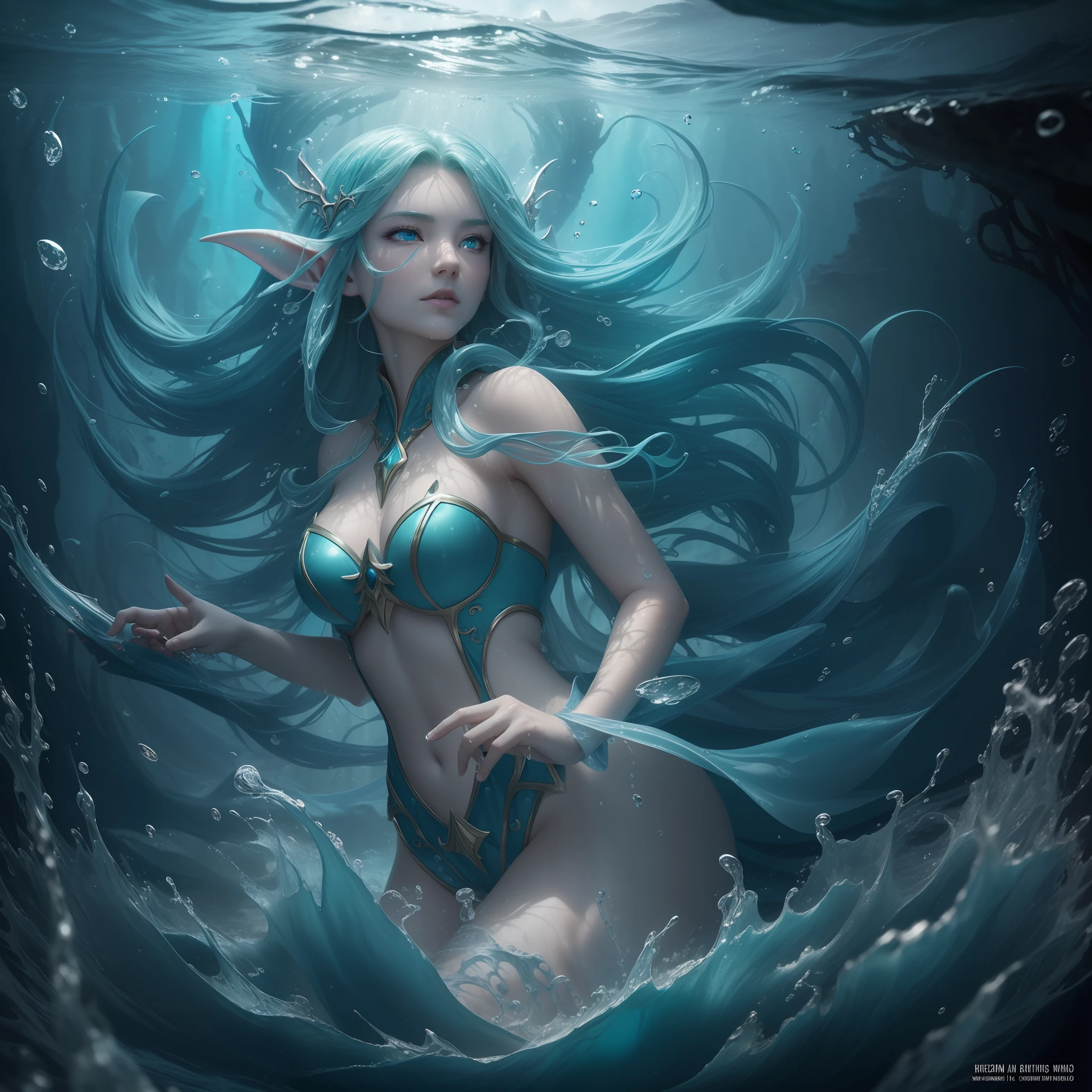 high details, best quality, 8k, [ultra detailed], masterpiece, best quality, (extremely detailed), dynamic angle, ultra wide shot, RAW, photorealistic, fantasy art, dnd art, rpg art, realistic art, an ultra wide picture of a sea elf (1.5 intricate details, Masterpiece, best quality) druid casting ((water control spell)), water wizard ((water magic)), ((contrilong swirling mass of water)), female sea elf, blue skin, green hair, long hair, swirling hair, intense eyes, glowing eyes, wearing sea shell clothing, beautiful elf, underwater background, rich underwater life, fish and sea weeds, high details, best quality, highres, ultra wide angle