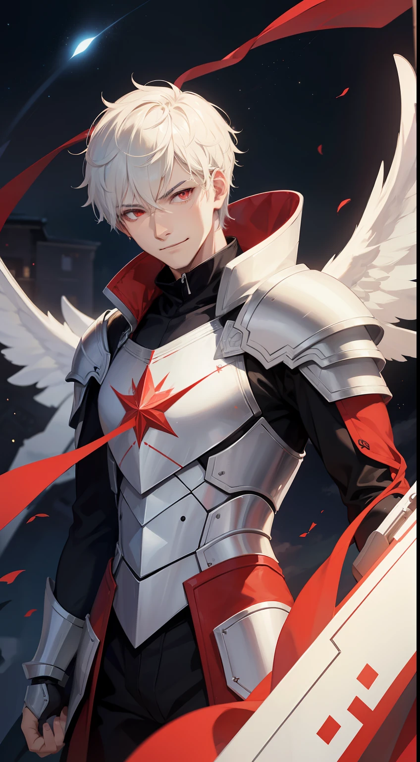 adult man, short white hair, red eyes, Deceptive armor, Starskrim, smirk, flying, Masterpiece, hiquality