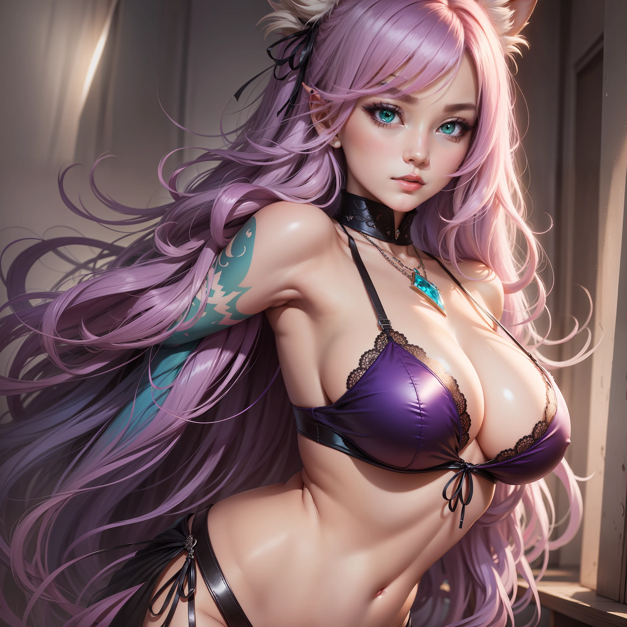 (tmasterpiece), (best illustration), 1girll, 独奏, long whitr hair, Violet and pink hair, Vivid green eyes, punk clothing, depth of fields, 独奏, Extreme light and shadow, tmasterpiece, rich details, (fine features), (HighestQuali), (tmasterpiece), (Detailed eyes), (big breasts beautiful) A detailed, Beautiful detailed eyes, The upper part of the body, (closeup cleavage), (Very detailed digital art wallpaper), (tmasterpiece), (best qualtiy), (ultra - detailed), (Most Best Illustration), (best shadow),perfect litthing,vivd colour,Douluo Continent Little dance,Triangle bikini,Temptation in bed,belly-bar,Soaked with sweat,Beautiful breasts and buttocks