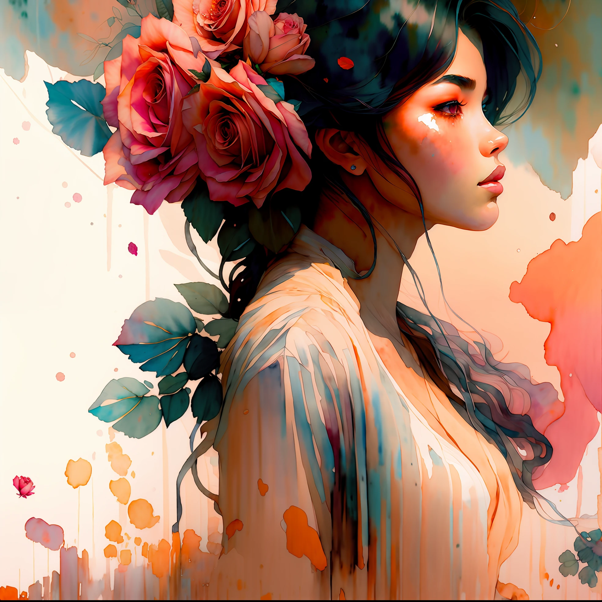 wtrcolor style, (rose) digital art, official art, blown by the wind, masterpiece, beautiful, ((watercolor)), paint splatter, intricate detail. Great detail, [dripping:0.7], Trending on Artstation, Rachel Walker