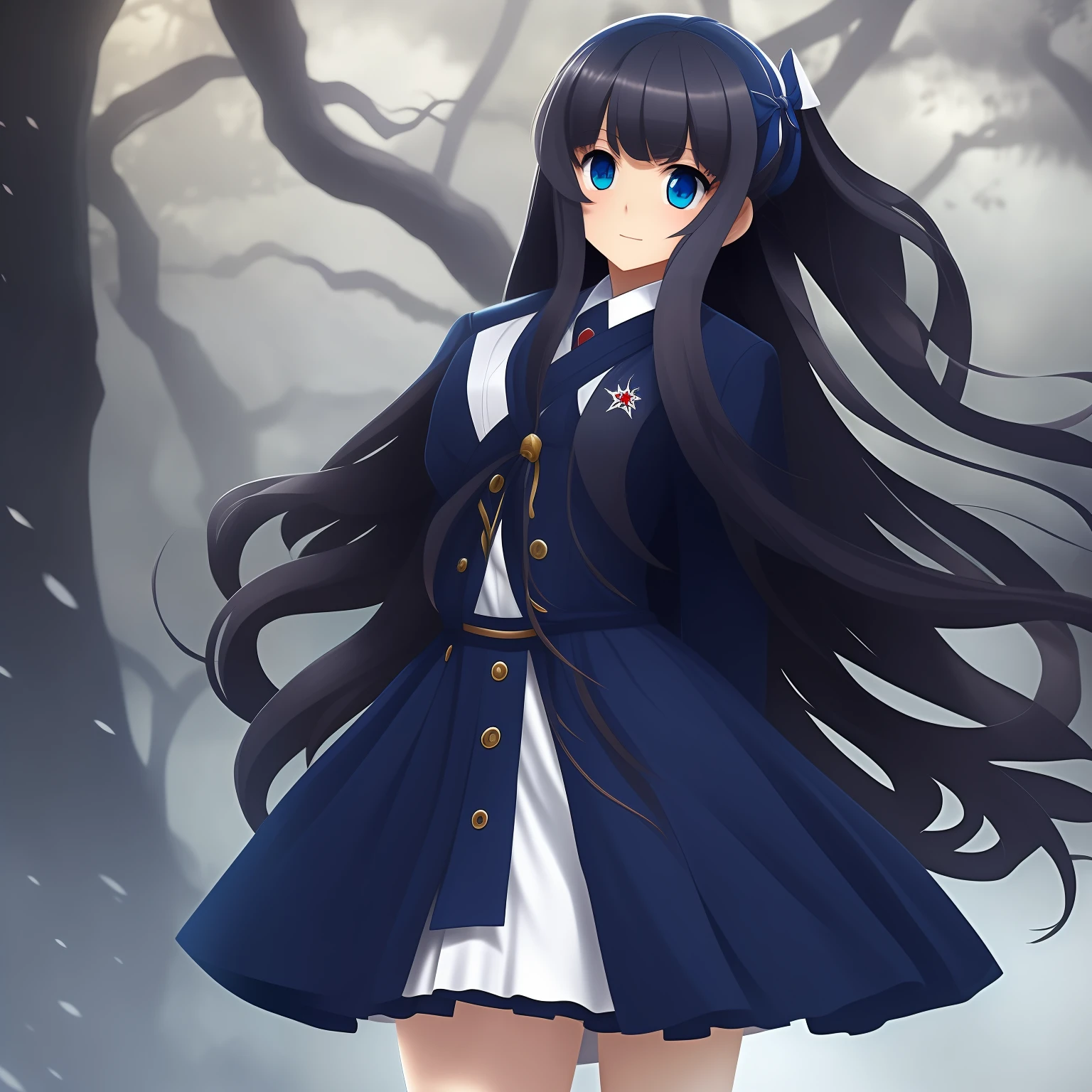 Isolated on white background、Imagine a standing statue in the game。The whole body is shown、It is a one-man position。Standing alone。In a novel game atmosphere、She is a long-haired schoolgirl with black hair, Neat and clean、Wearing a dark blue Japan uniform。