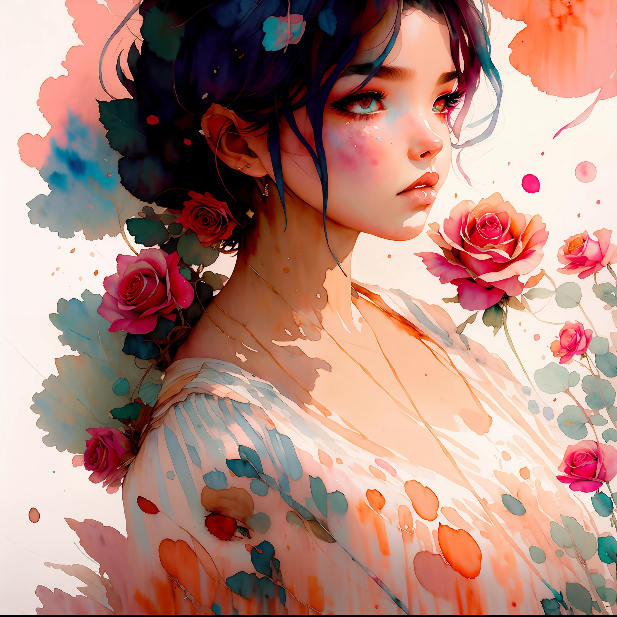 wtrcolor style, (rose) digital art, official art, blown by the wind, masterpiece, beautiful, ((watercolor)), paint splatter, intricate detail. Great detail, [dripping:0.7], Trending on Artstation, Rachel Walker