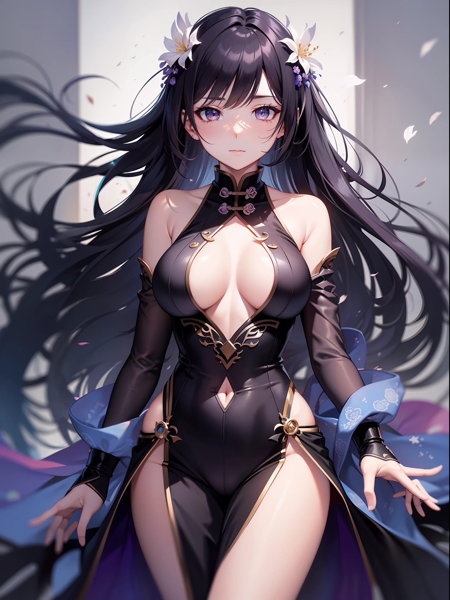solo, beautiful female, wuxiaworld, Ancient Chinese Articles of Clothing, wind blow, blossom, on the fog road, long hair, gradient hair, black hair, blue hair, purple hair, silver hair, long hair, lonely, ray tracing, reflection light, depth of field, close-up, cowboy shot, masterpiece, best quality, high details, high quality, ccurate, textured skin, UHD
