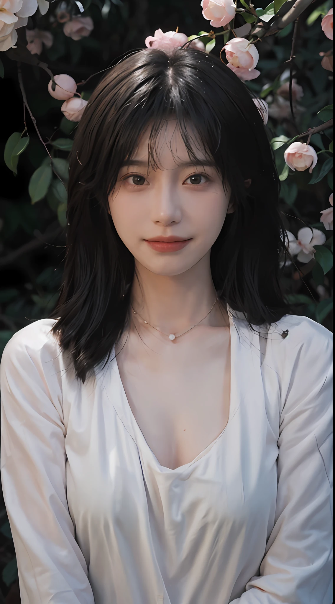 best qualtiy, 超高分辨率, (realisticlying:1.4), Baoyu Girl, A pair of clear and moving peach blossom eyes,Royal sister,sunshine on face,with long coiled hair,(ln the forest:1.4),(choker necklace:1.2),(Fair skin:1.4),(full bodyesbian:1.2)a sense of atmosphere,a beauty girl, ssmile,head straight-looking at viewer, closeup cleavage ,(Photorealistic:1.4),1girll,Sexy,(Upper body:1.4),(Wet body),(:1.2)